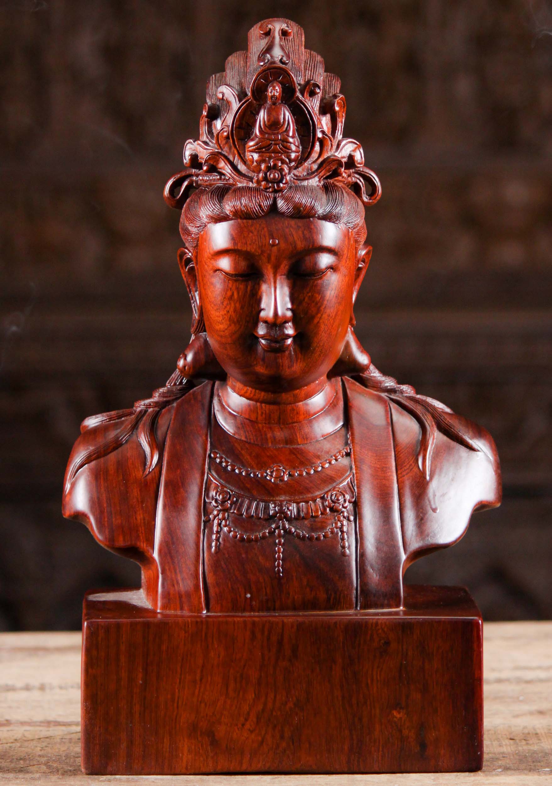 Vietnamese Wood Bust of Avalokiteshvara Carving 16"