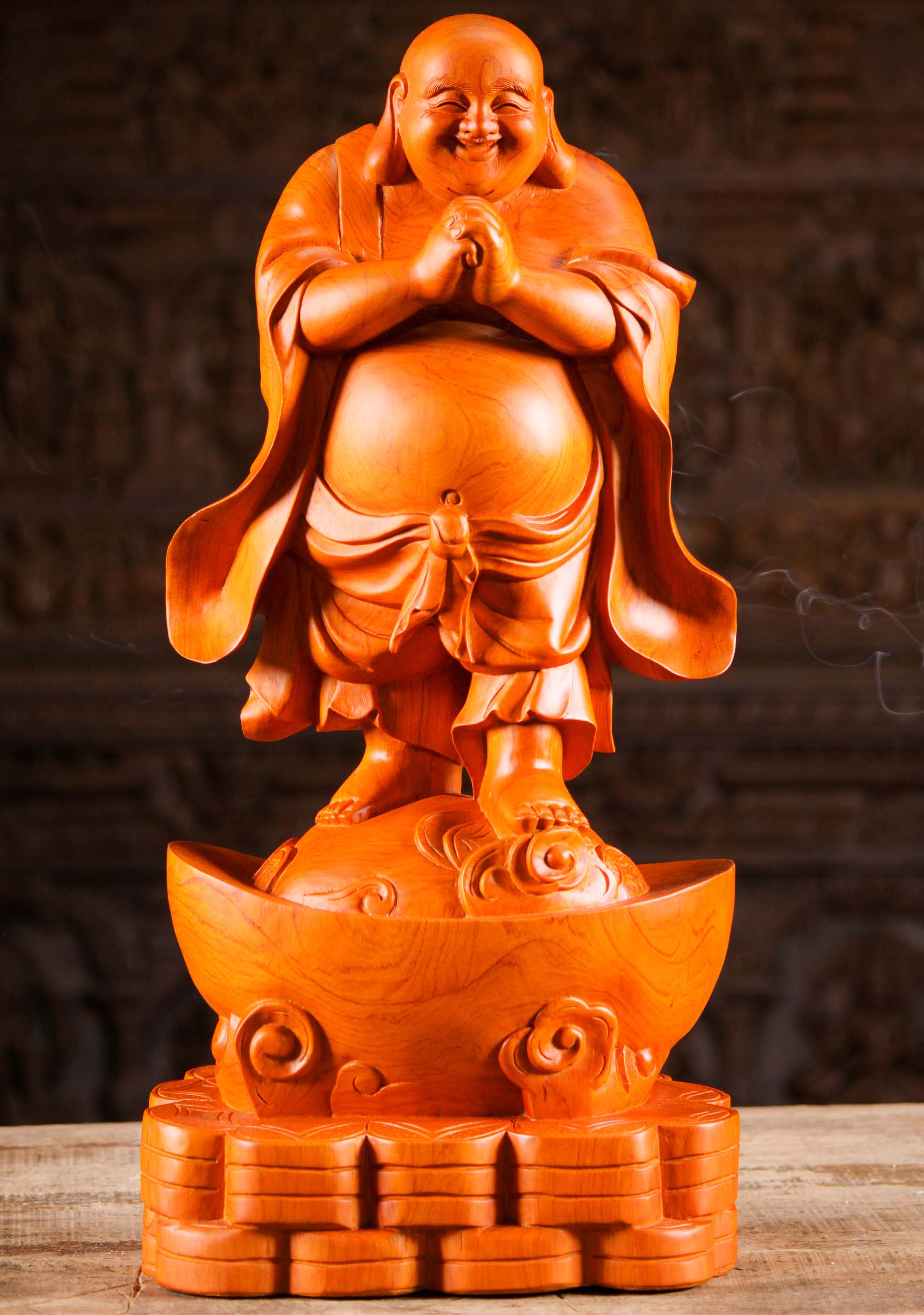 Vietnamese Wood Fat & Happy Buddha Statue 25"