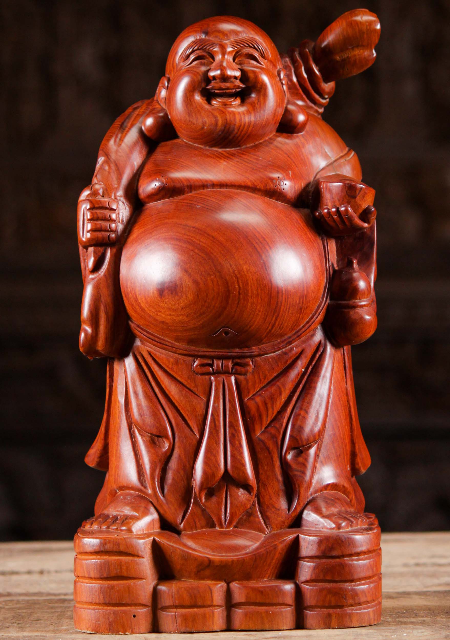 Wooden Happy Buddha Carrying Sack of Gold 16"
