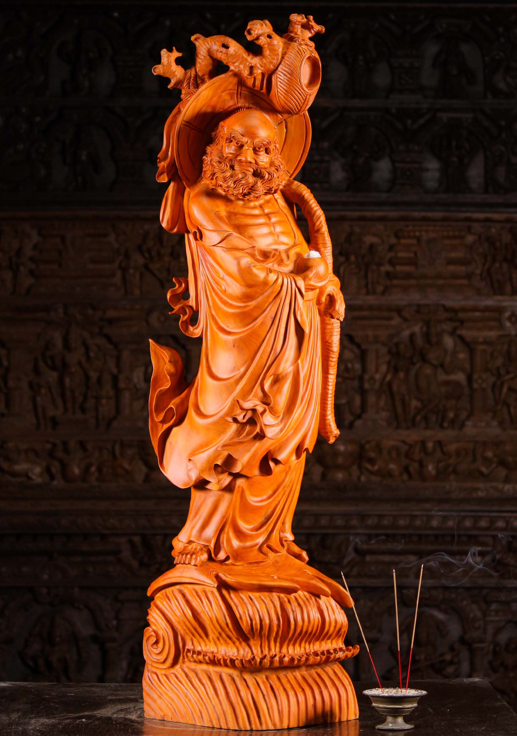 Wooden Buddhist Sage Bodhidharma Statue Who Started Chan Buddhism in China 47"