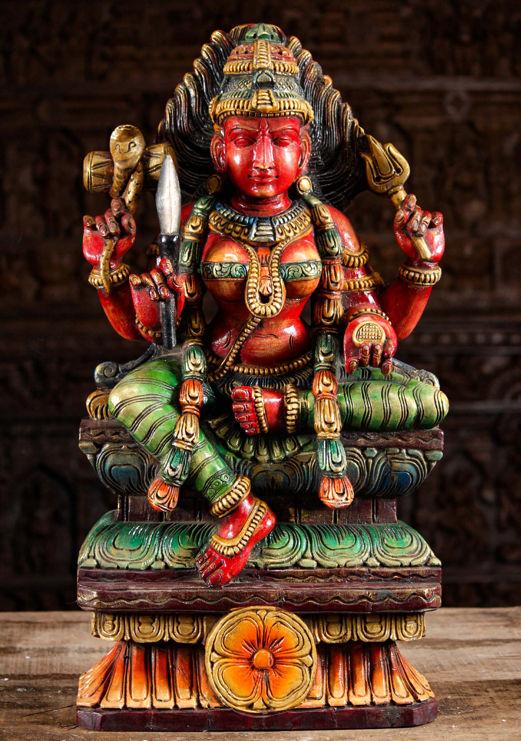 Wooden Goddess Shakti Statue Holding Trident Wearing Garlands Around Her Neck 30"
