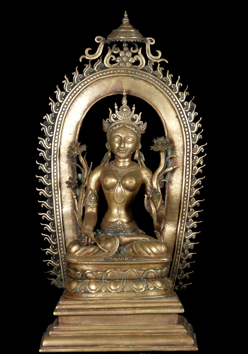 Bronze Tara Statue Holding Lotus Flower & Arch 18"