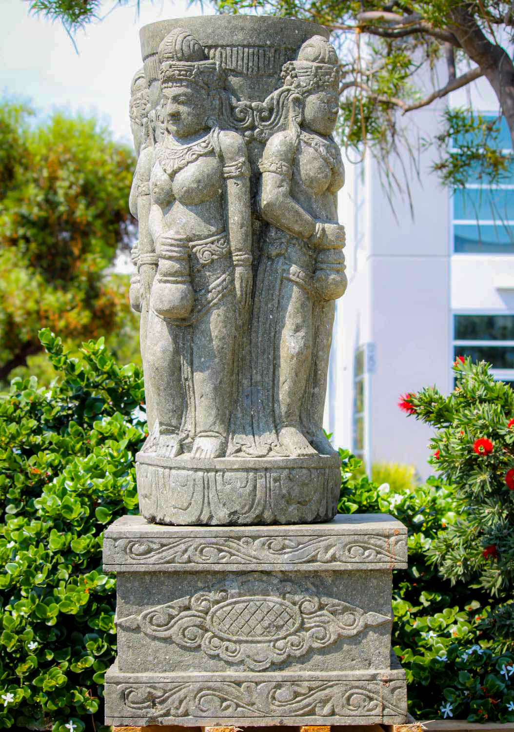 Stone Garden Planter or Bird Bath with 4 Devi Parvatis Carved in Bas-Relief with Base 55"