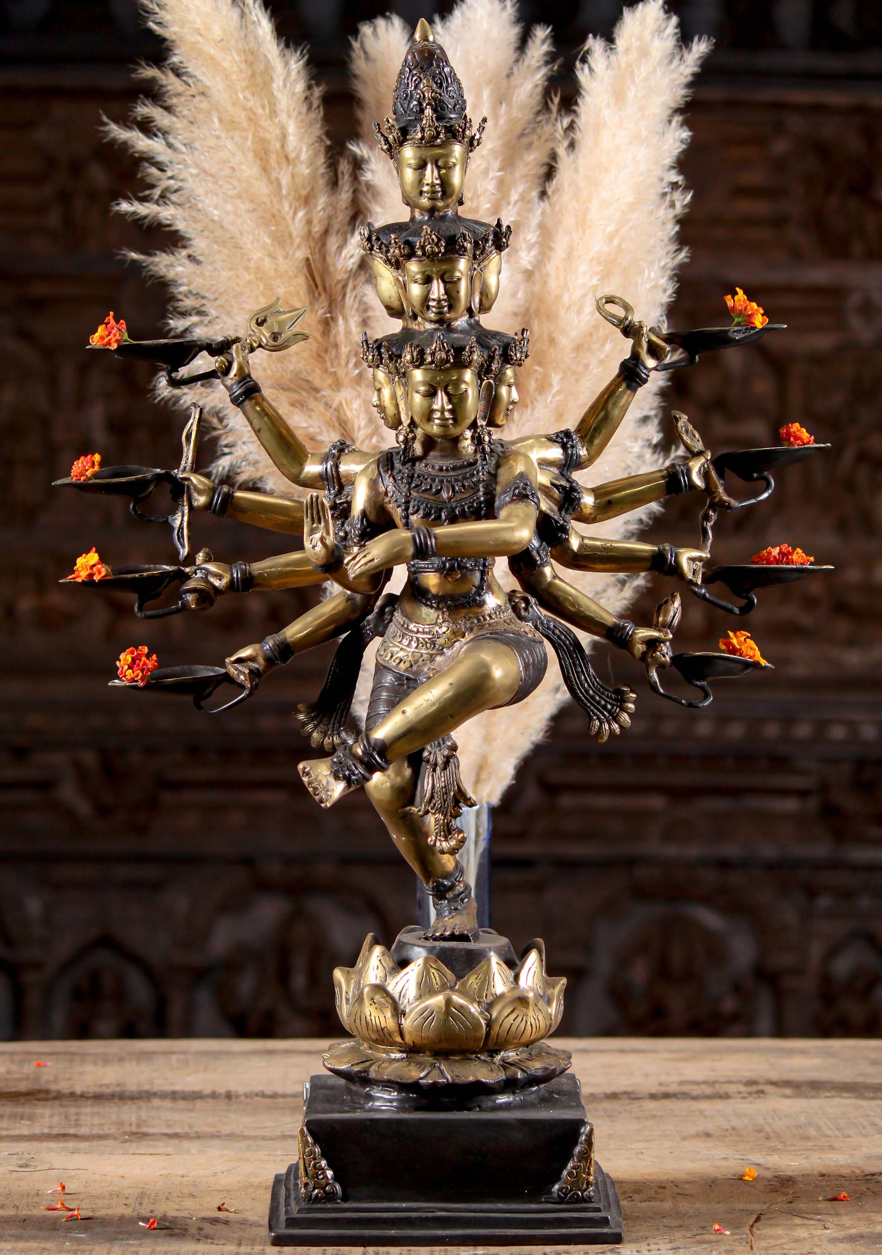 Golden Brass Antique Patina Dancing Deepam Hevajra Statue with 8 Faces and 10 Arms 25"