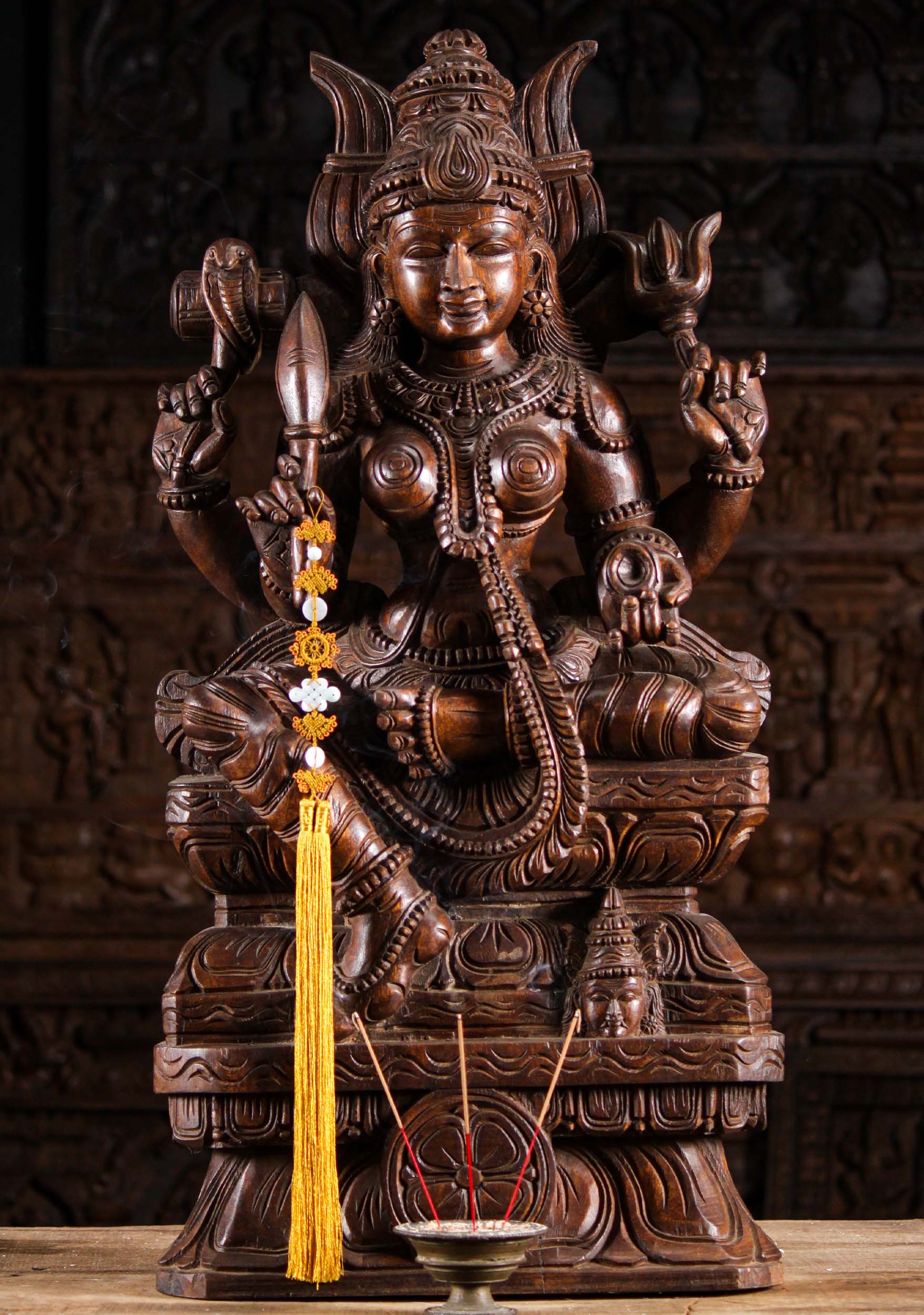 Wooden Hand Crafted Shakti Mariamman Carving Seated on Double Lotus Base with Trident 36"