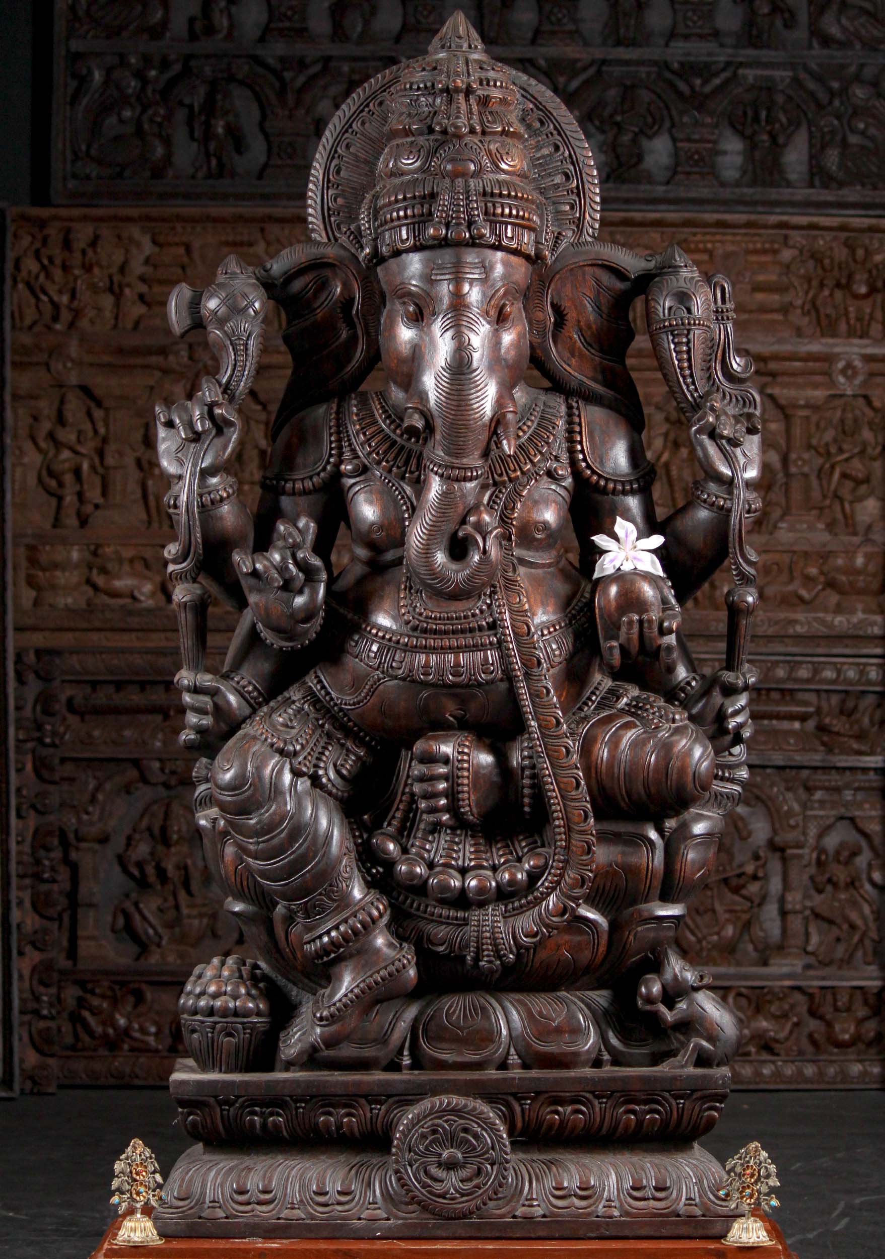 Wood Ganesha Holding Tusk with Rat Statue 59"