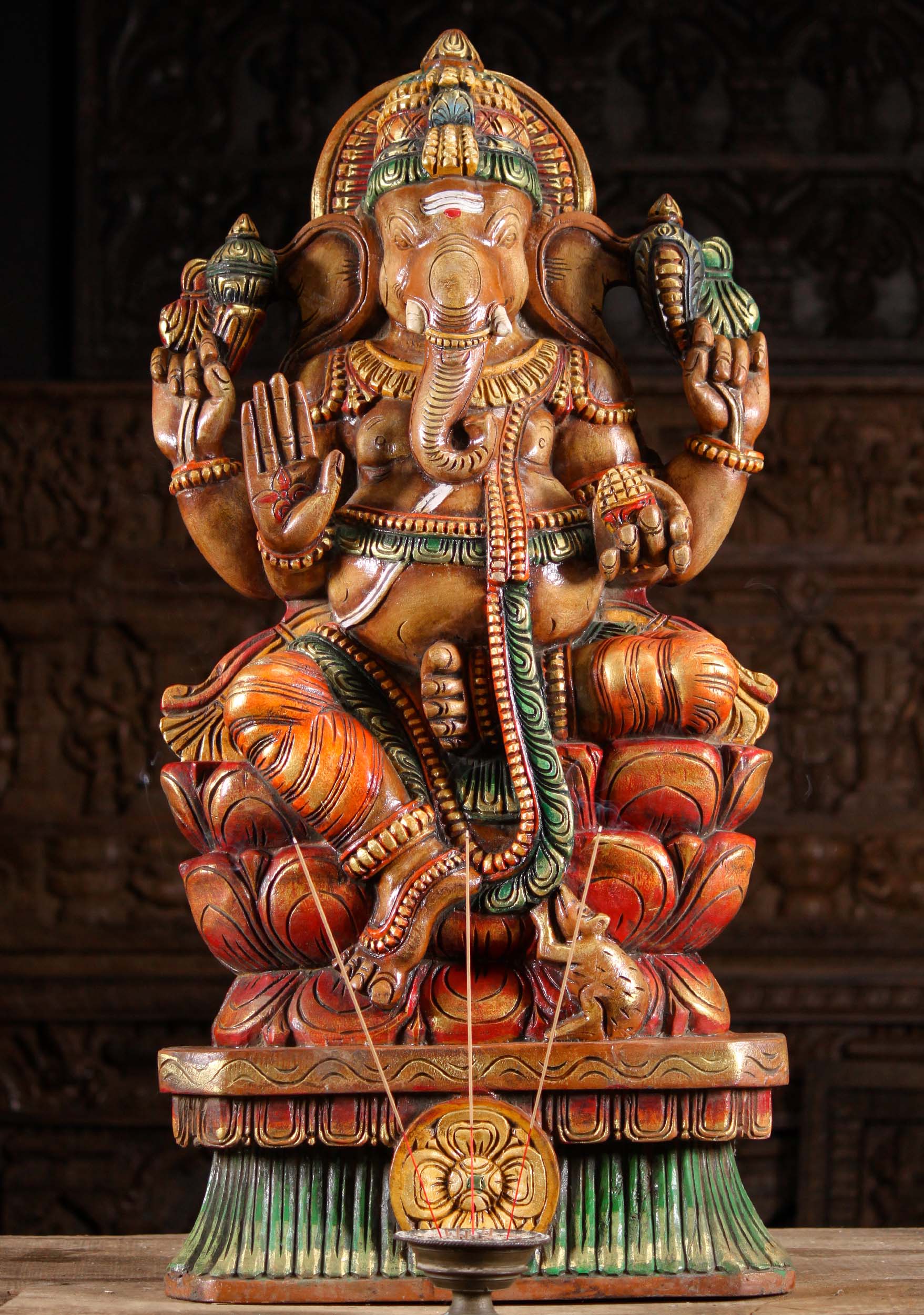 Wood Ganesh Sculpture in the Abhaya Mudra 36"