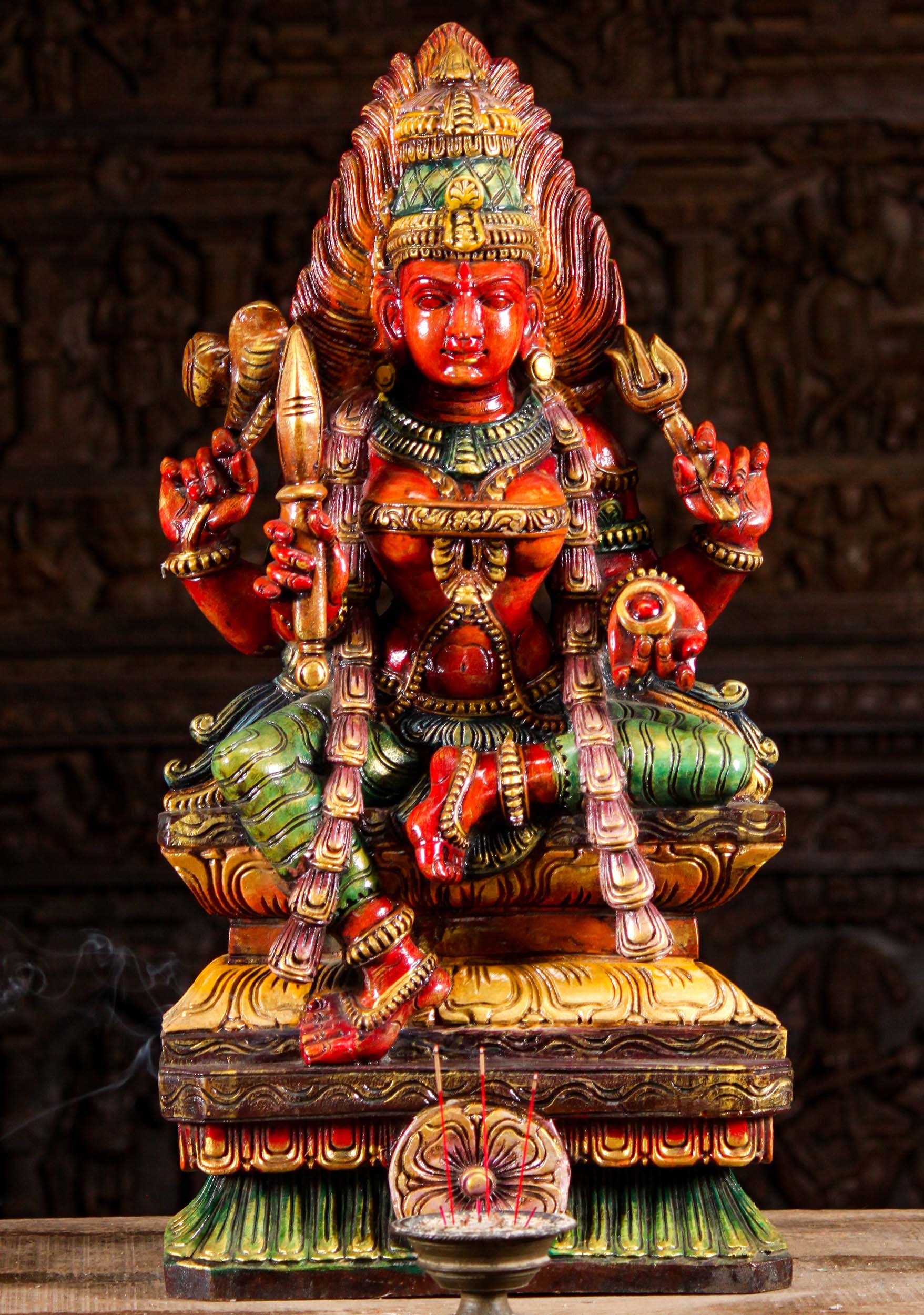 Beautiful Colorful Wood Shakti Mariamman Sculpture Holding Knife Wearing Flower Garland 30"