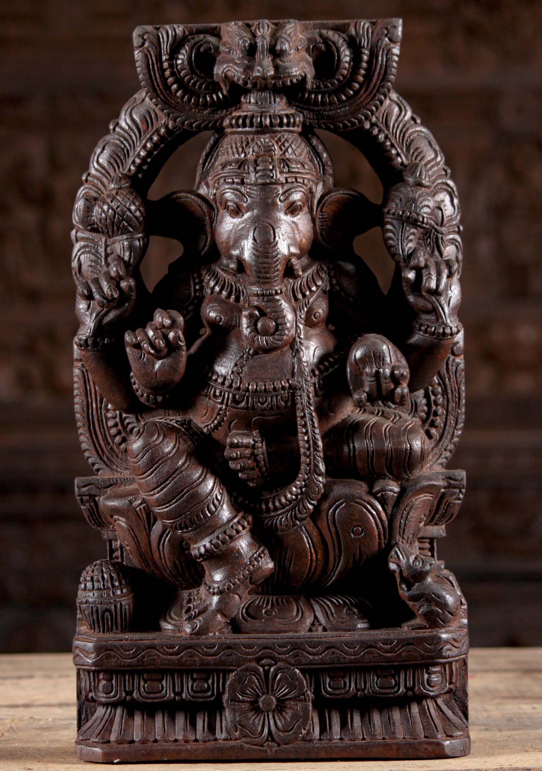 Wood Ganesh Seated on Lotus Base Under Arch 18"