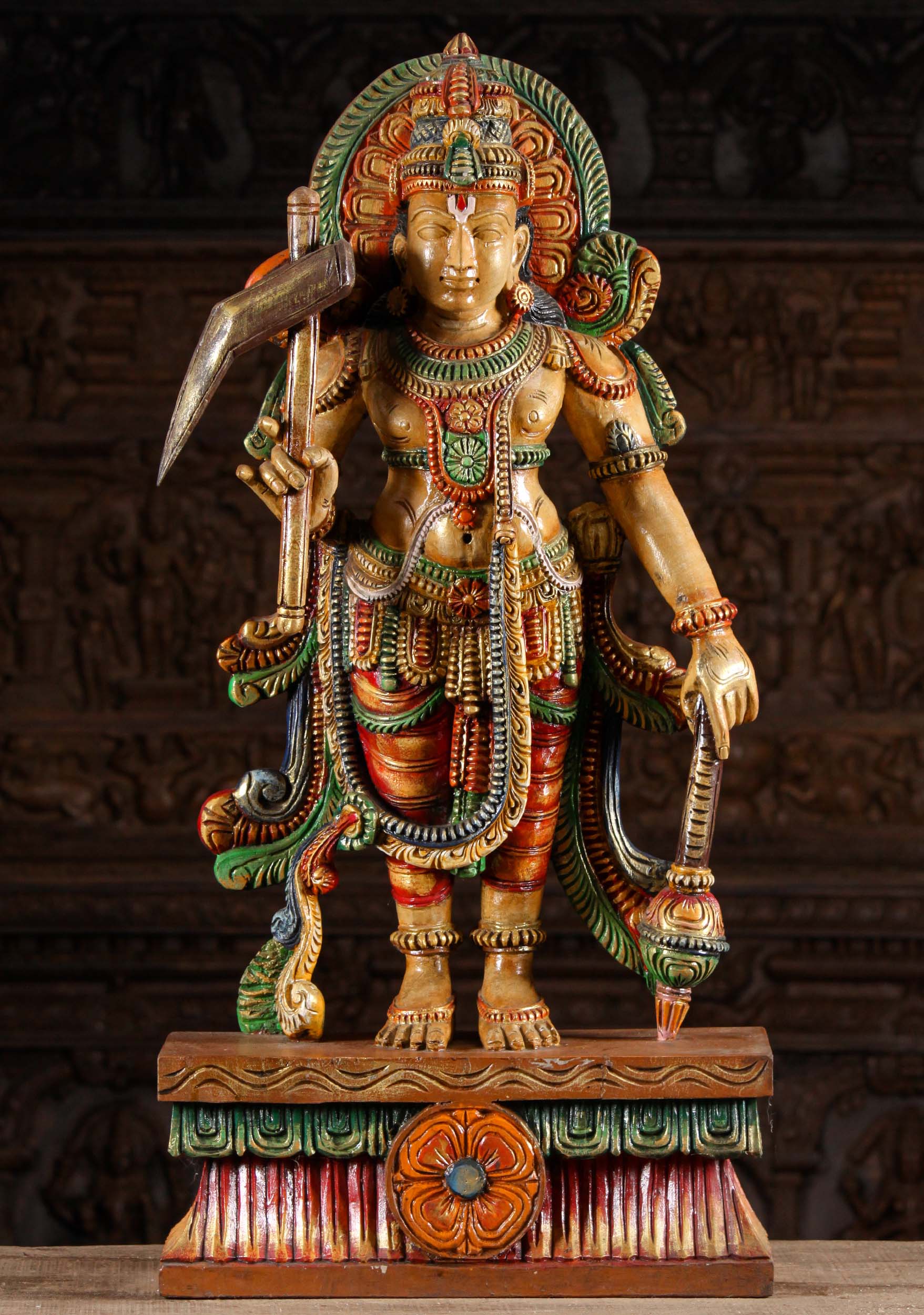 Wood Balarama Statue Holding Plough 36"