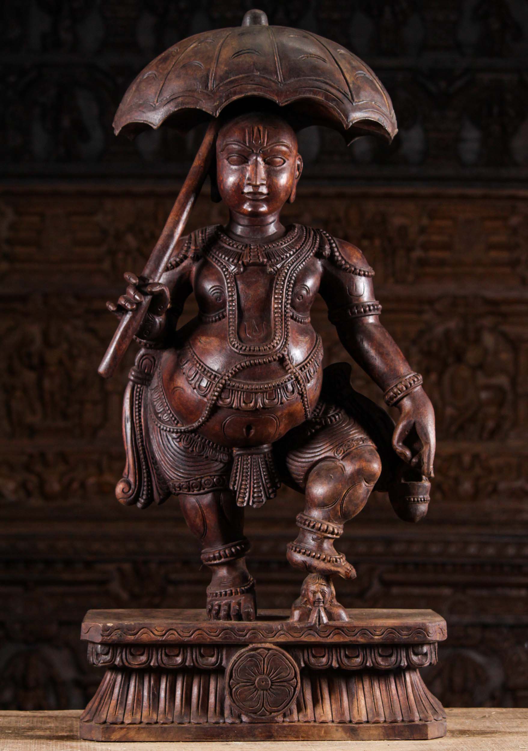 Wood Dwarf Vamana Statue Holding Umbrella 36"
