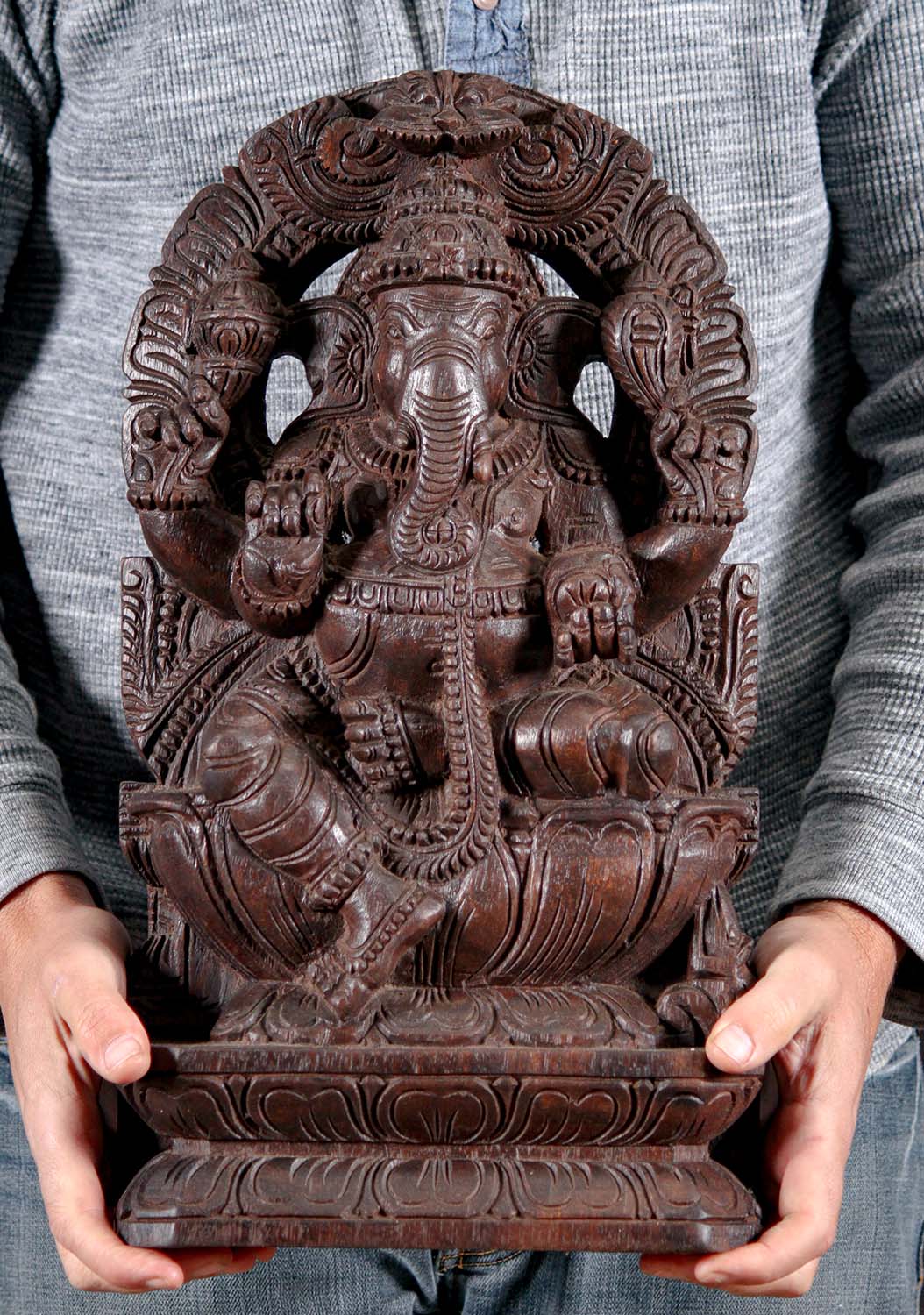 Wood Seated Ganesh Under Arch Statue 18"