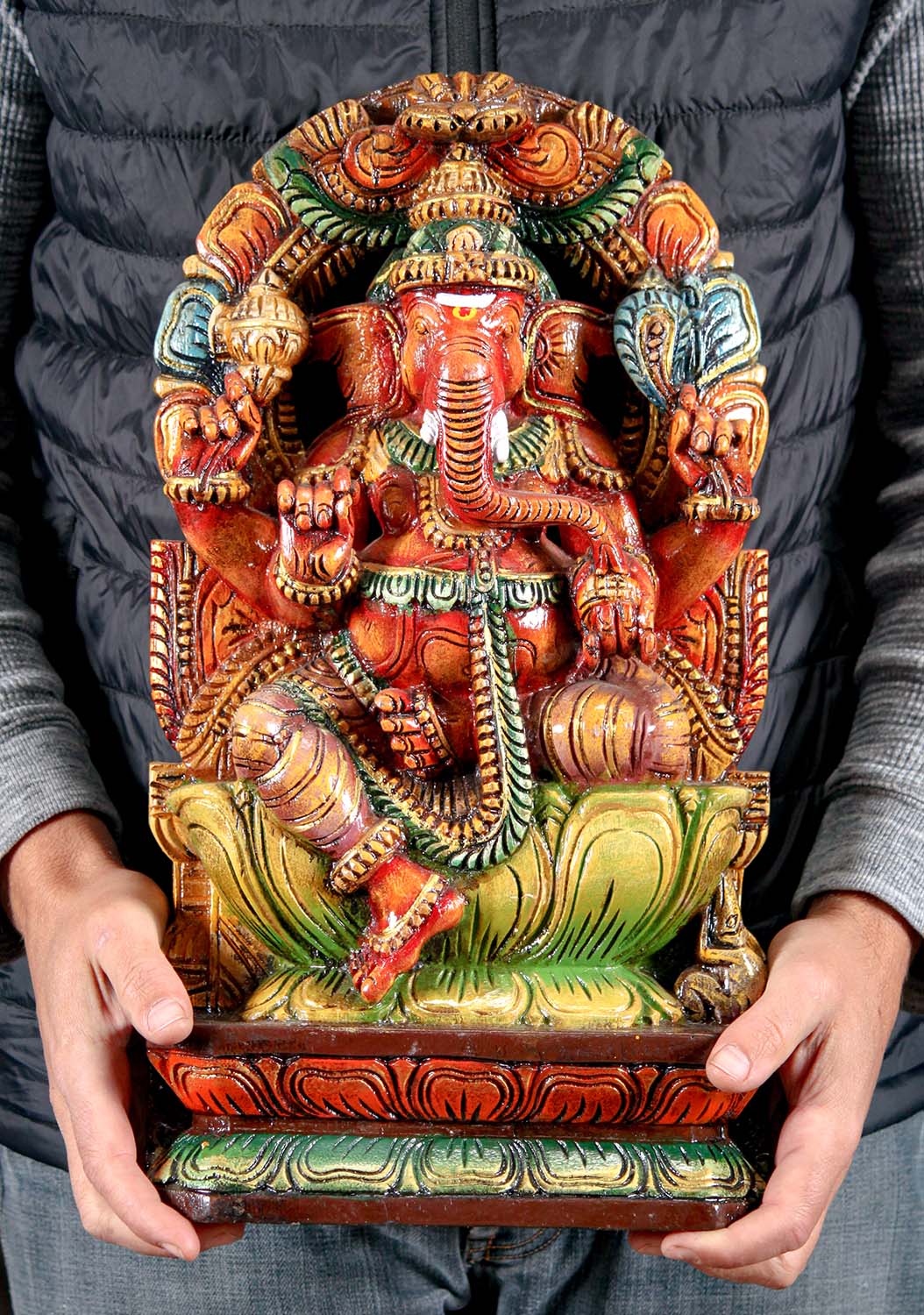 Wooden Ganesh Under Arch Sculpture 18"