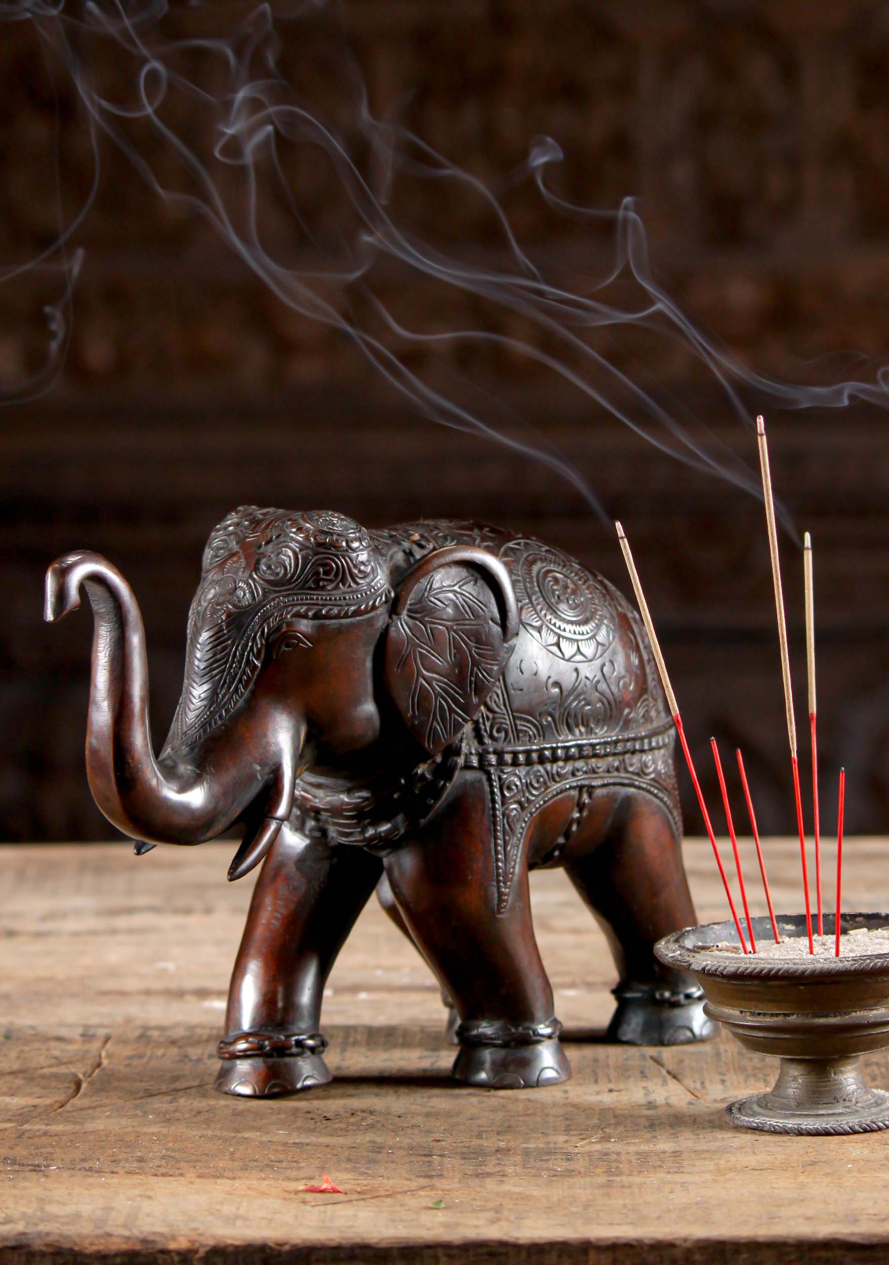 Brass Indian Elephant Statue with Decorations on Trunk & Head with Trunk Raised for Good Luck 8"