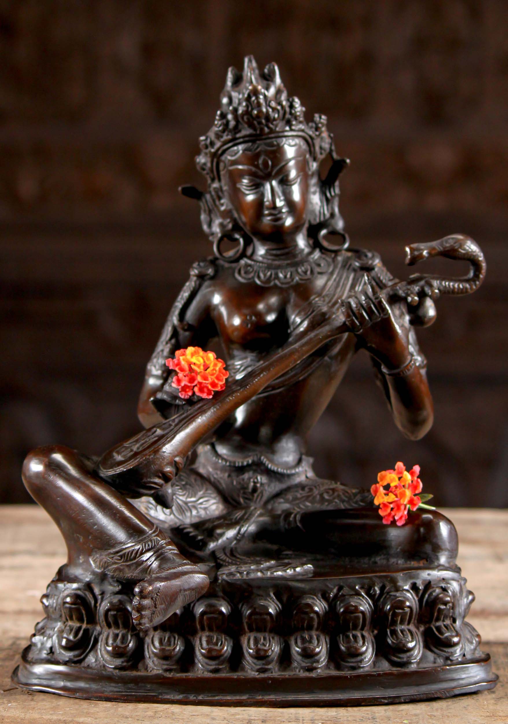 Vintage Brass Big Size Goddess Saraswati Idol Figurine Statue Original Old Engraved