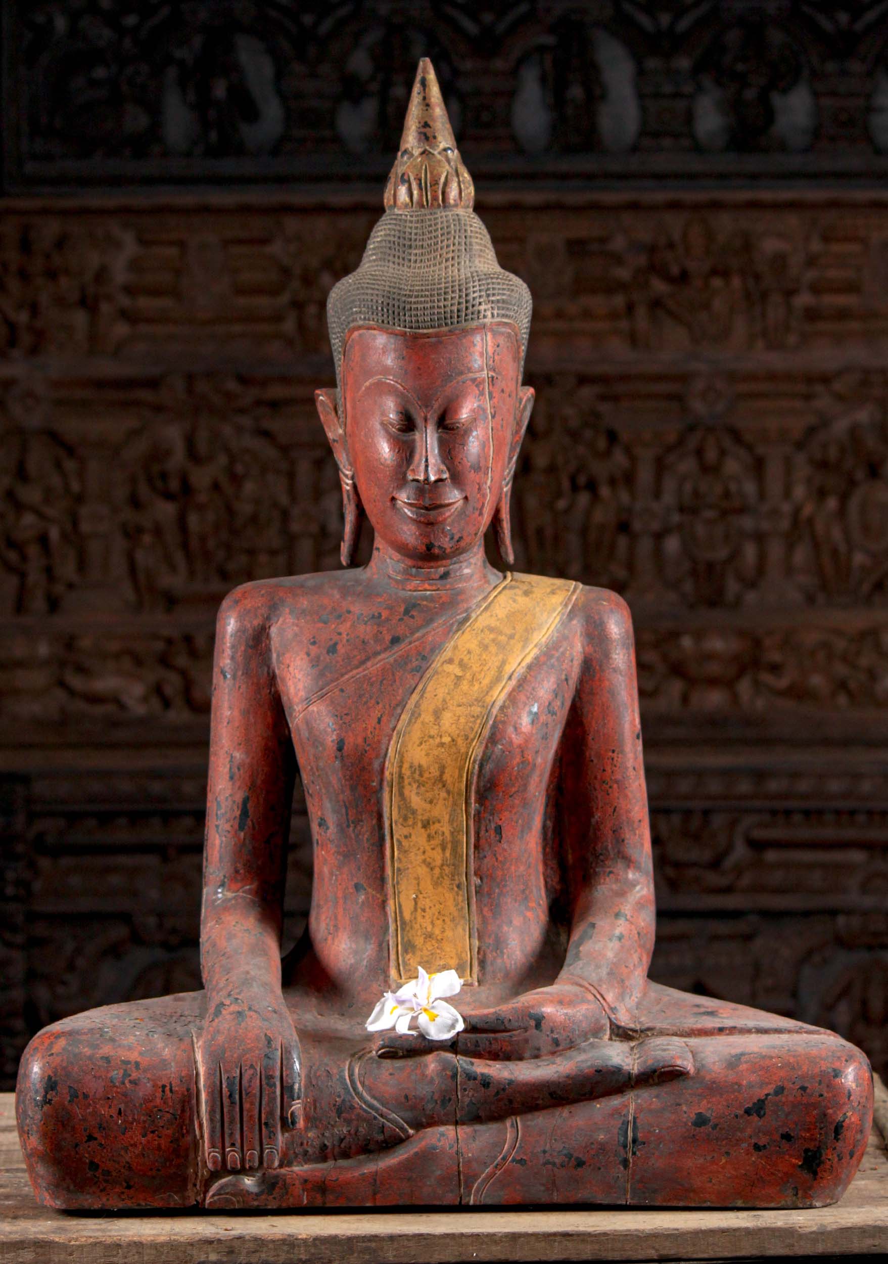 Wooden Antique Patina Earth Touching Cambodian Khmer Buddha in Earth Touching Mudra 36"