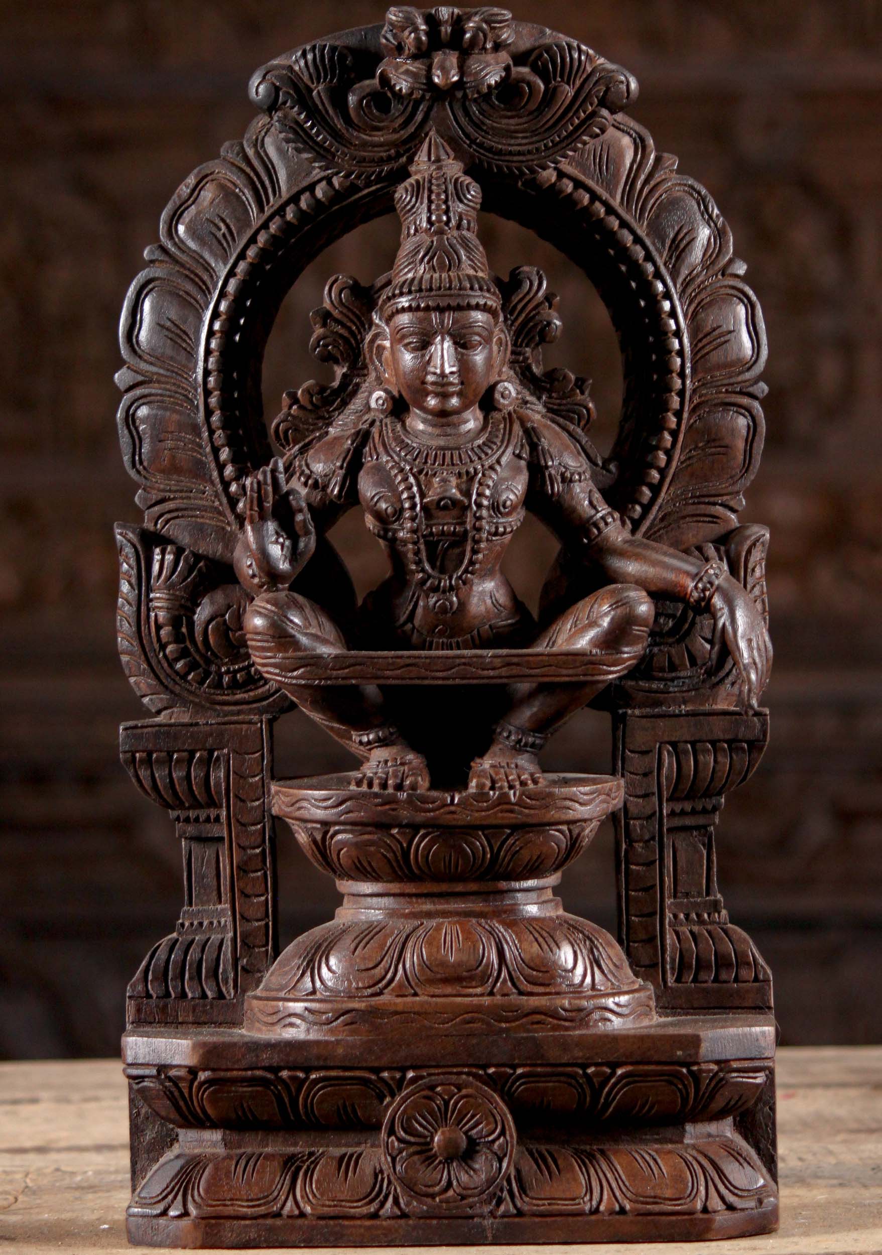 Wood Seated Hindu God Ayyappan Statue 18"