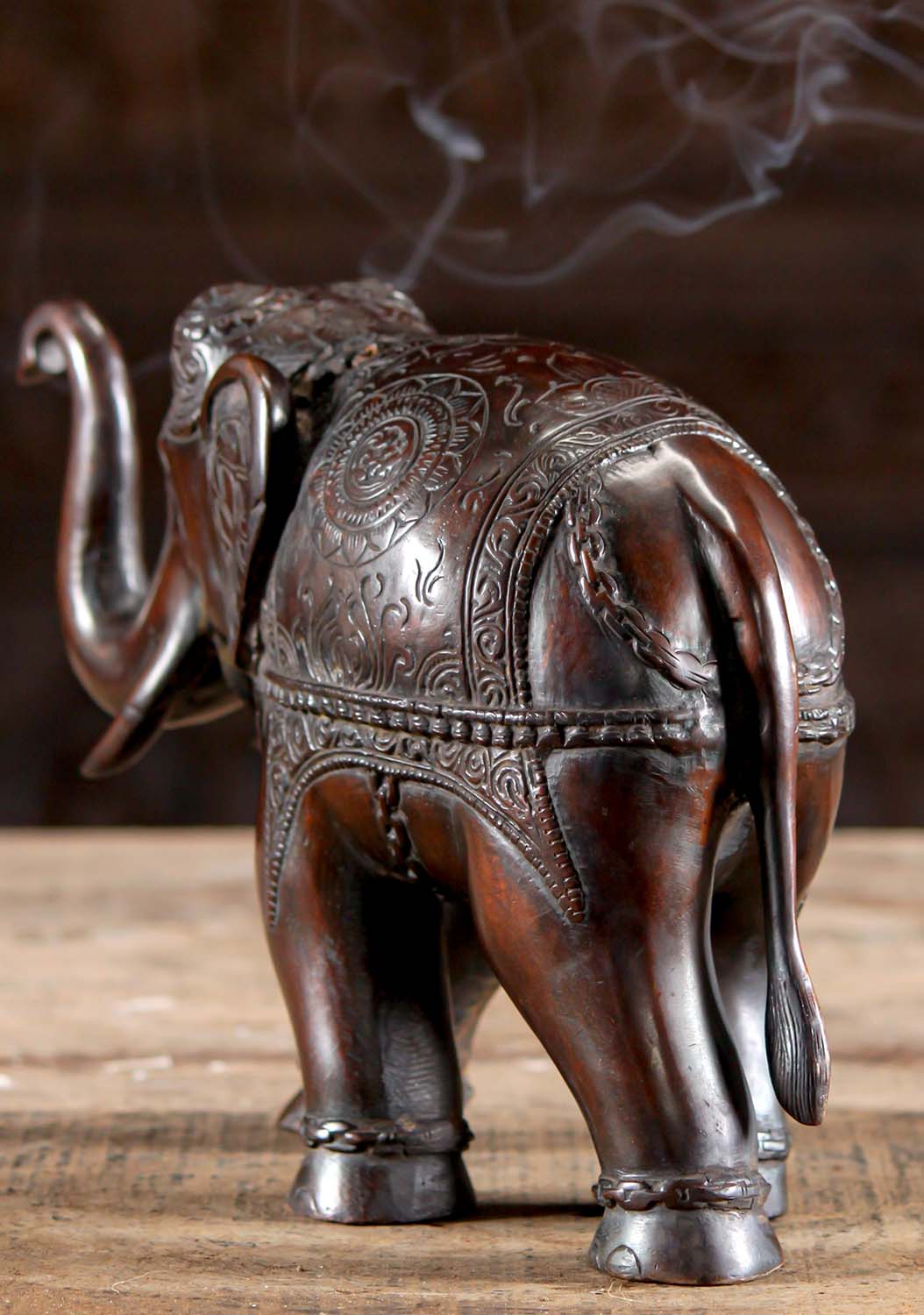 Brass Indian Elephant Statue with Decorations on Trunk & Head with Trunk Raised for Good Luck 8"