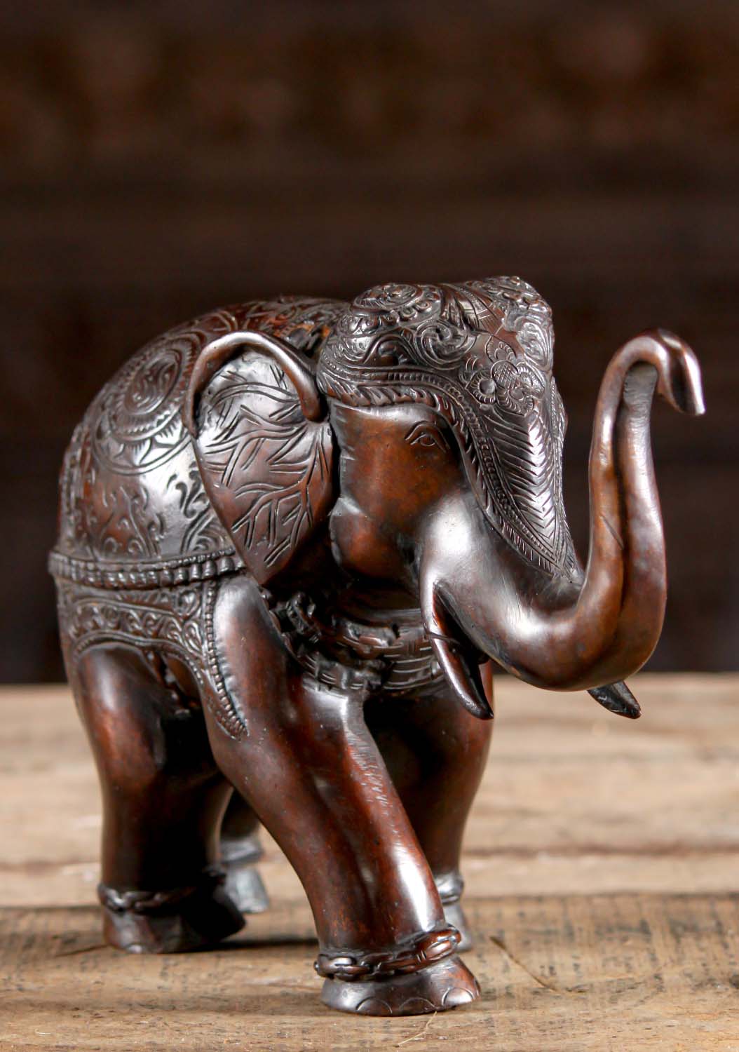 Brass Indian Elephant Statue with Decorations on Trunk & Head with Trunk Raised for Good Luck 8"