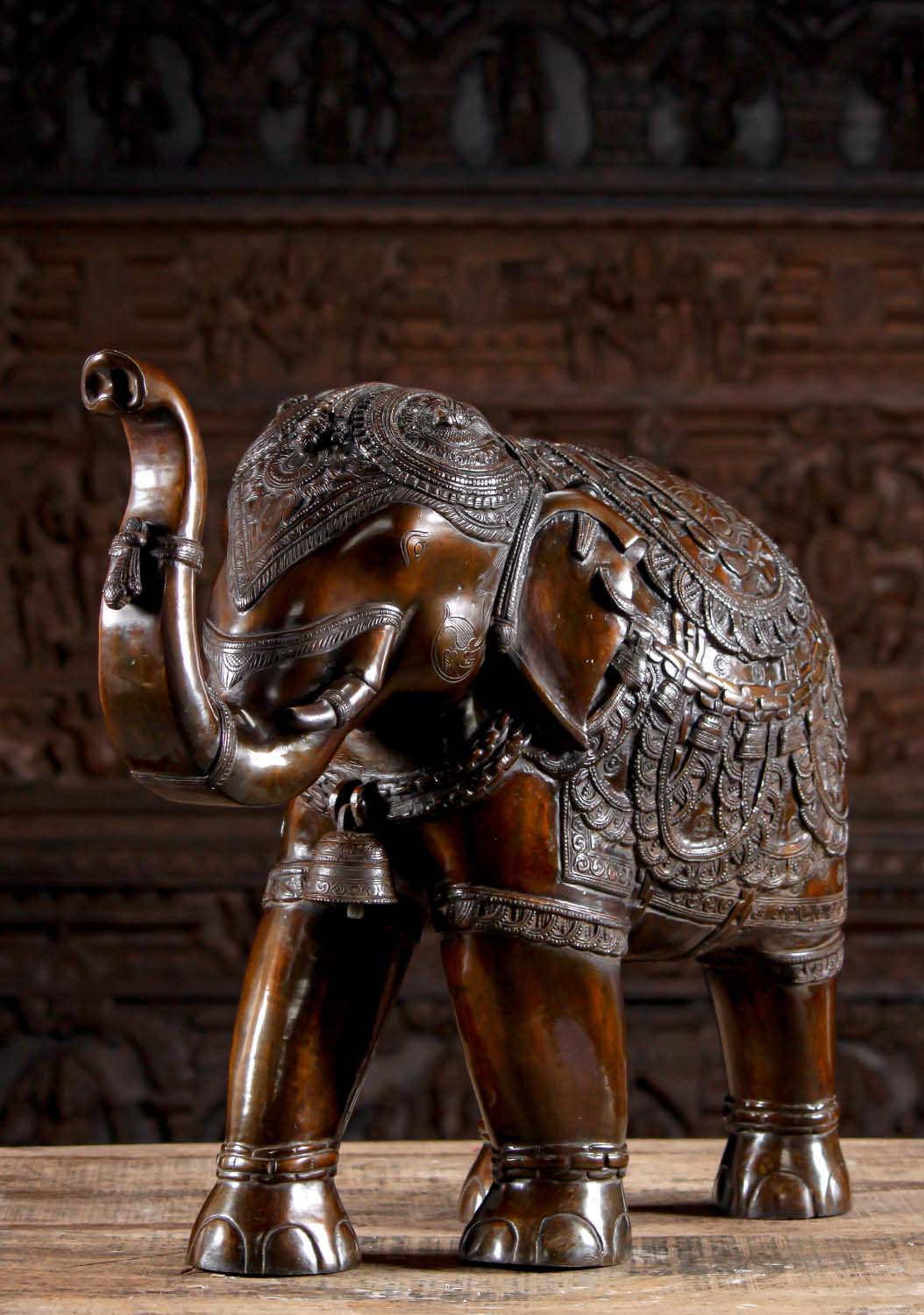 Large Brass Indian Processional Elephant Statue with Trunk Raised for Good Luck 21"