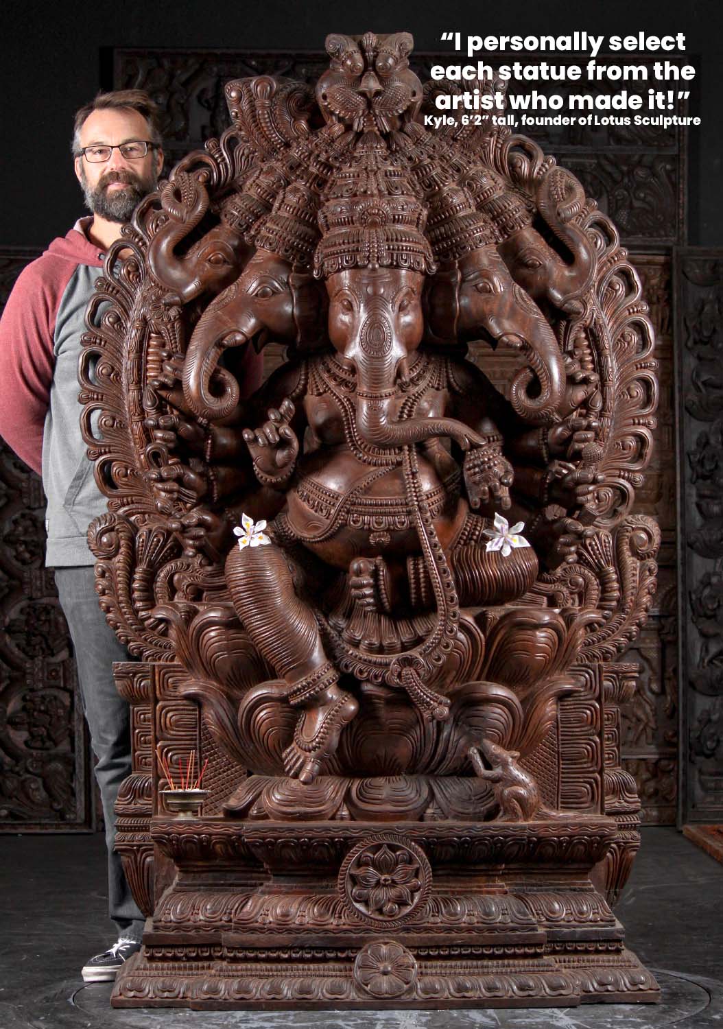 Wooden 5 Headed Ganesha Panchamukha Ganesh Statue Hand Carved in South India 77"