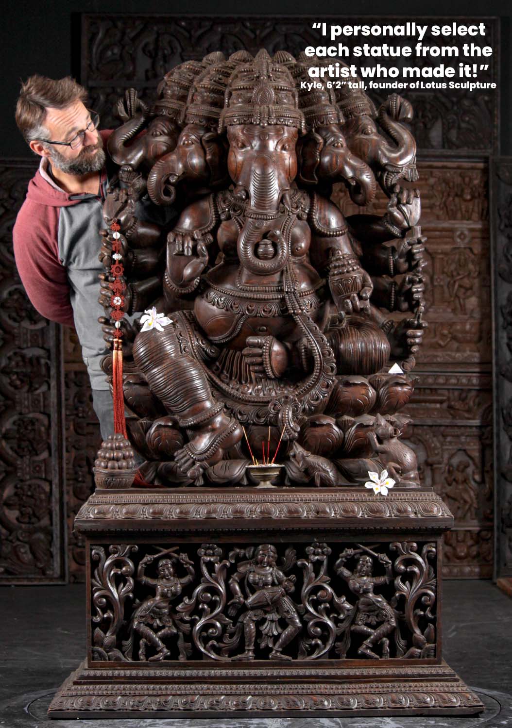 Wood 5 Headed Panchamukha Ganesh Statue wtih 3 Temple Dancers Basavis Playing Instruments 71"