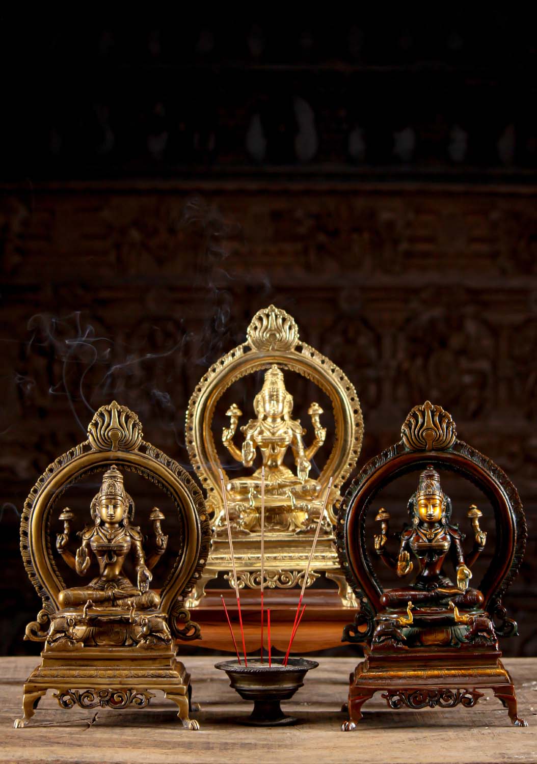 Brass Hindu Goddess Lakshmi Statue Flanked by 2 Elephants Known as Gaja Lakshmi Murti 13"