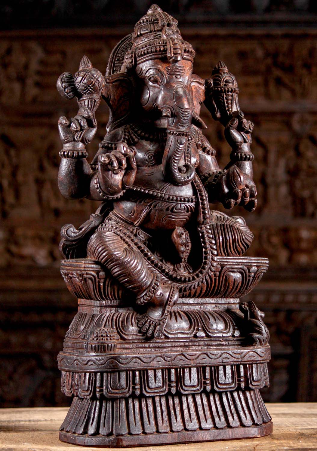 Wood Ganesha Seated with Tusk & Mango Statue 24"