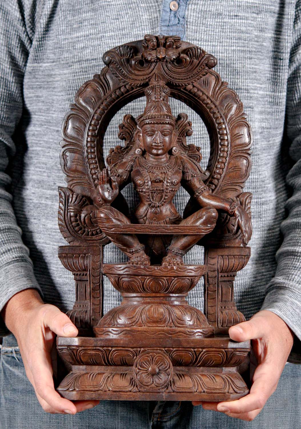 Wood Seated Hindu God Ayyappan Statue 18"