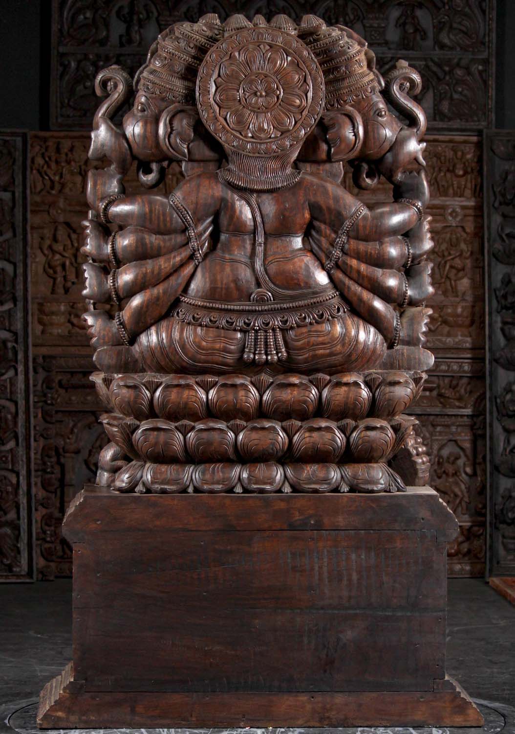 Wood 5 Headed Panchamukha Ganesh Statue wtih 3 Temple Dancers Basavis Playing Instruments 71"