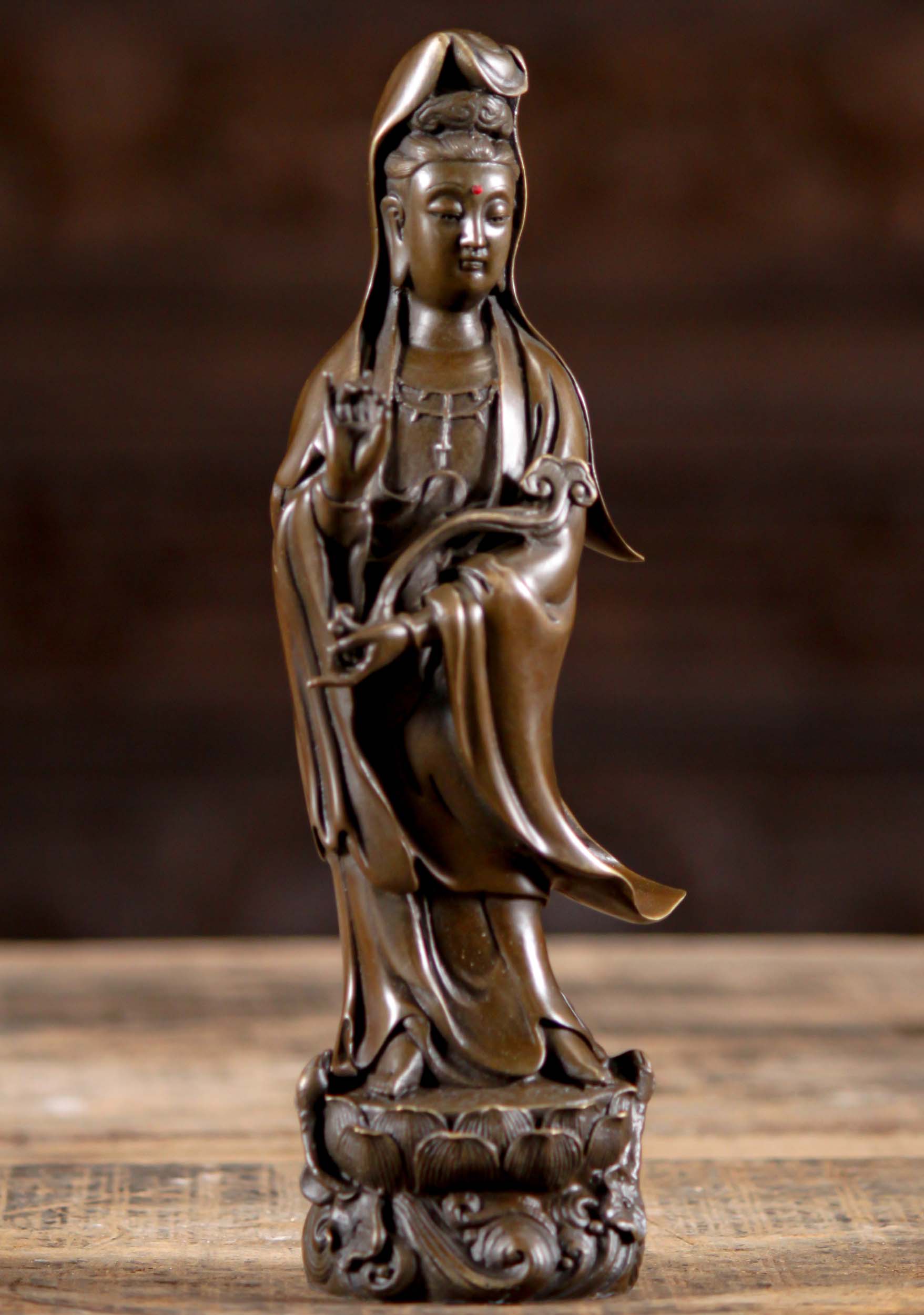 Bronze Small Statue of Kwan Yin Holding Wish Stick Standing on Lotus Flower Base 10"