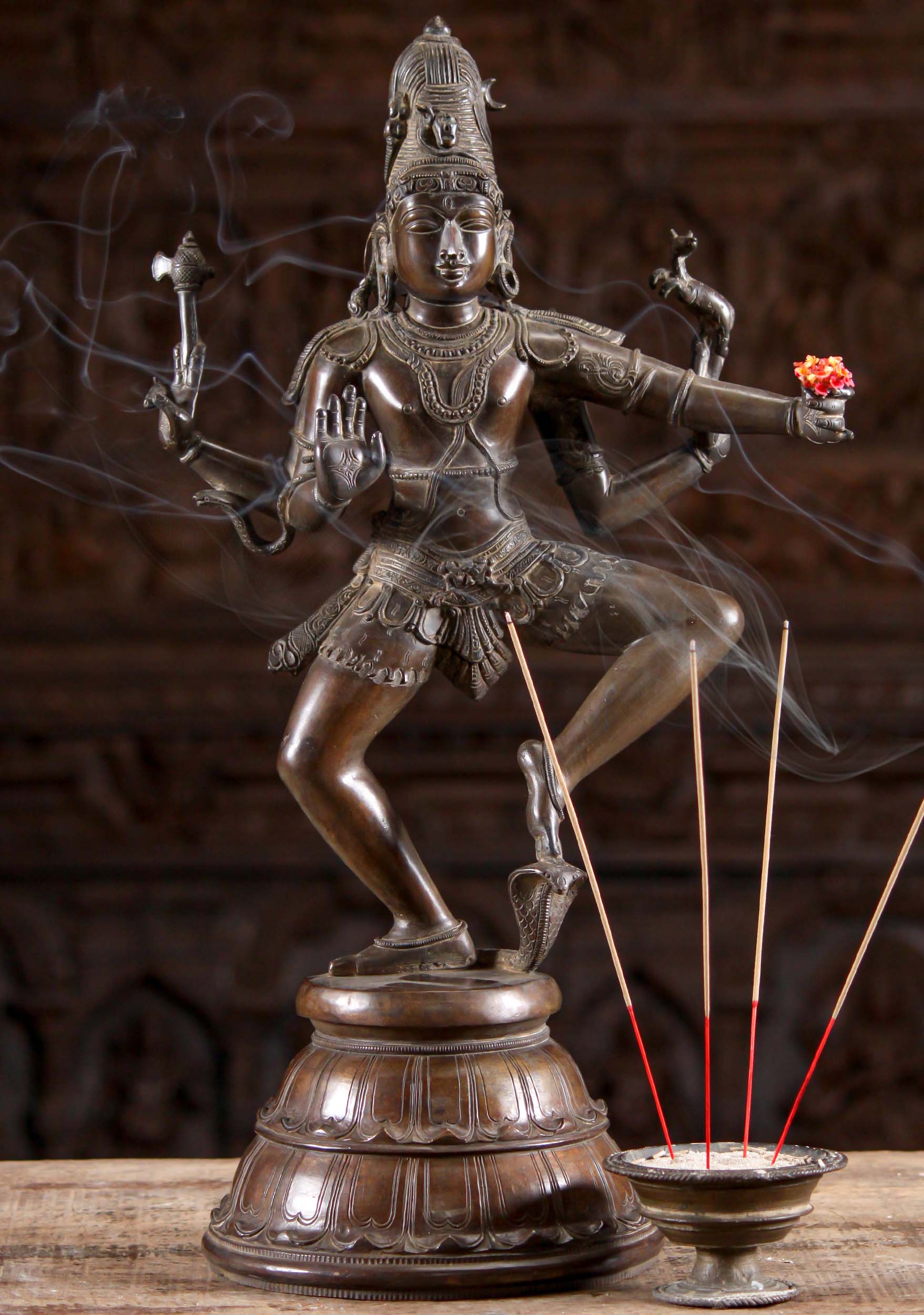 Stunning Bronze Dancing Shiva Statue Holding Axe & Deer with Cobra Under Foot 22"