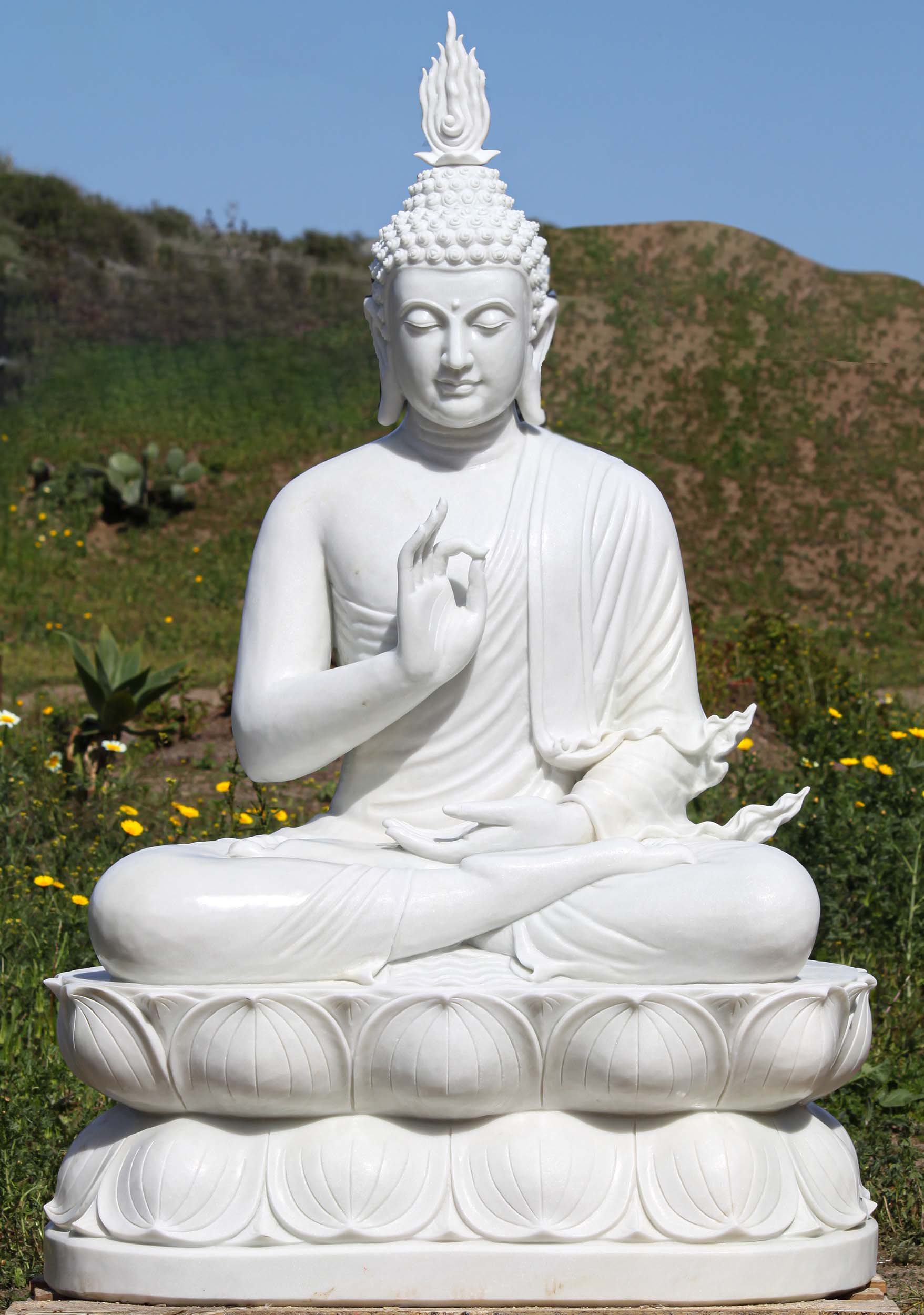 Large White Marble Teaching Buddha Statue with Beautiful Flame Finial on  Lotus Base 66 (#129wm19): Hindu Gods & Buddha Statues