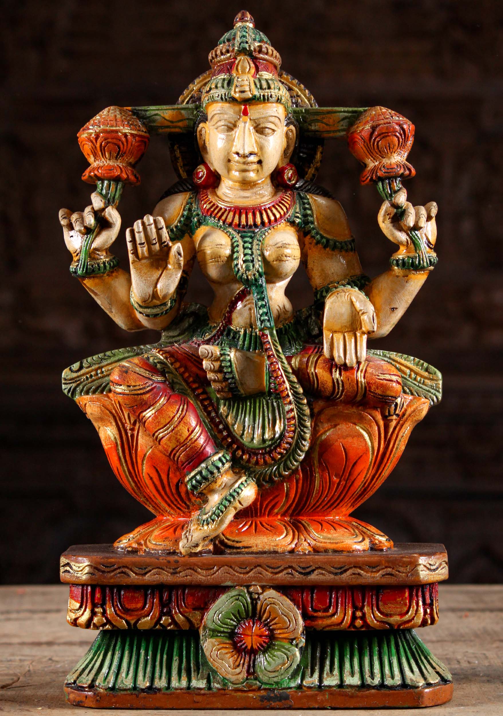 SOLD Wood Painted Lotus Flower Lakshmi Statue 18