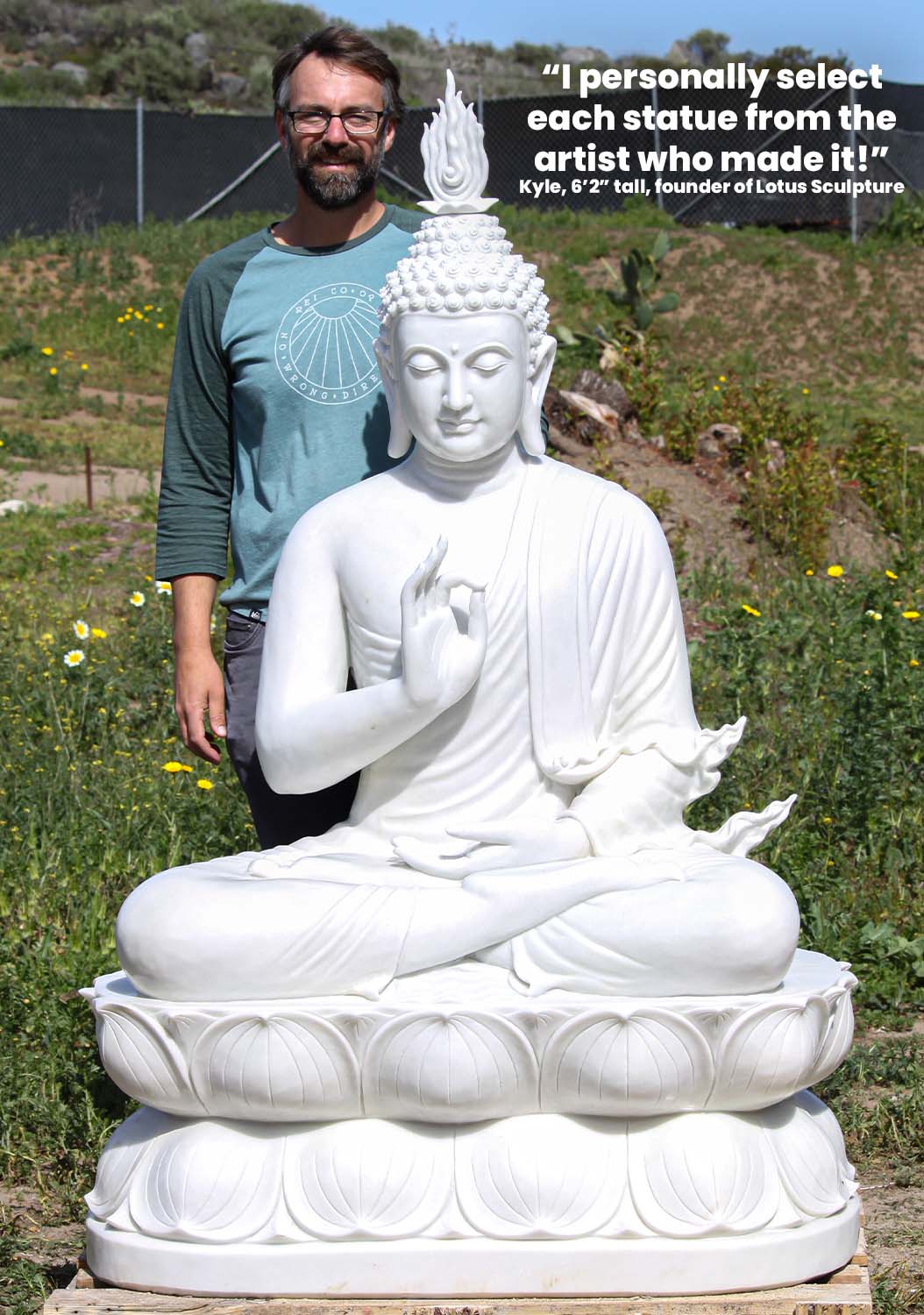 Large White Marble Teaching Buddha Statue with Beautiful Flame Finial on Lotus Base 66"