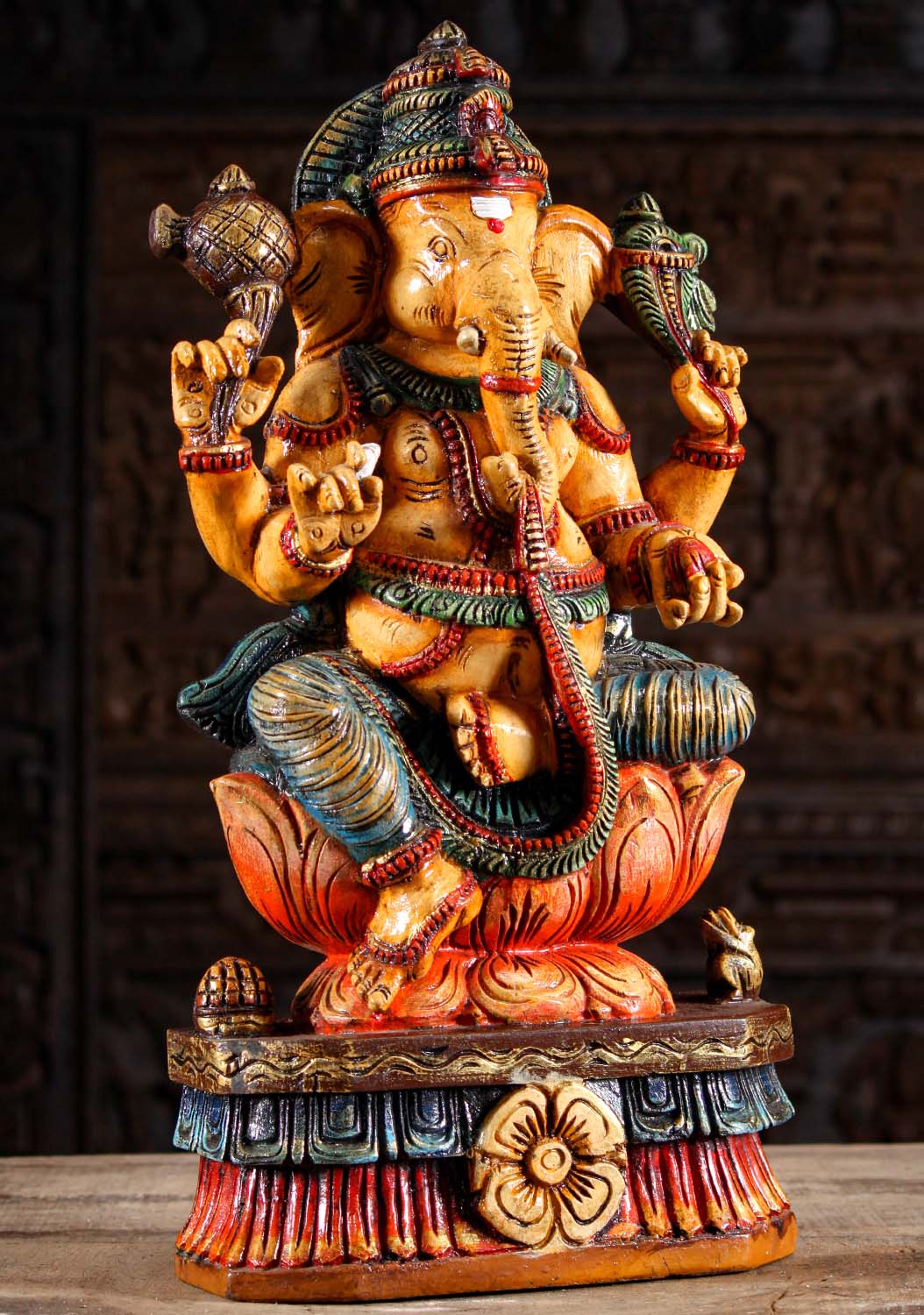 Painted Wood Ganesh Statue with Mango 24"