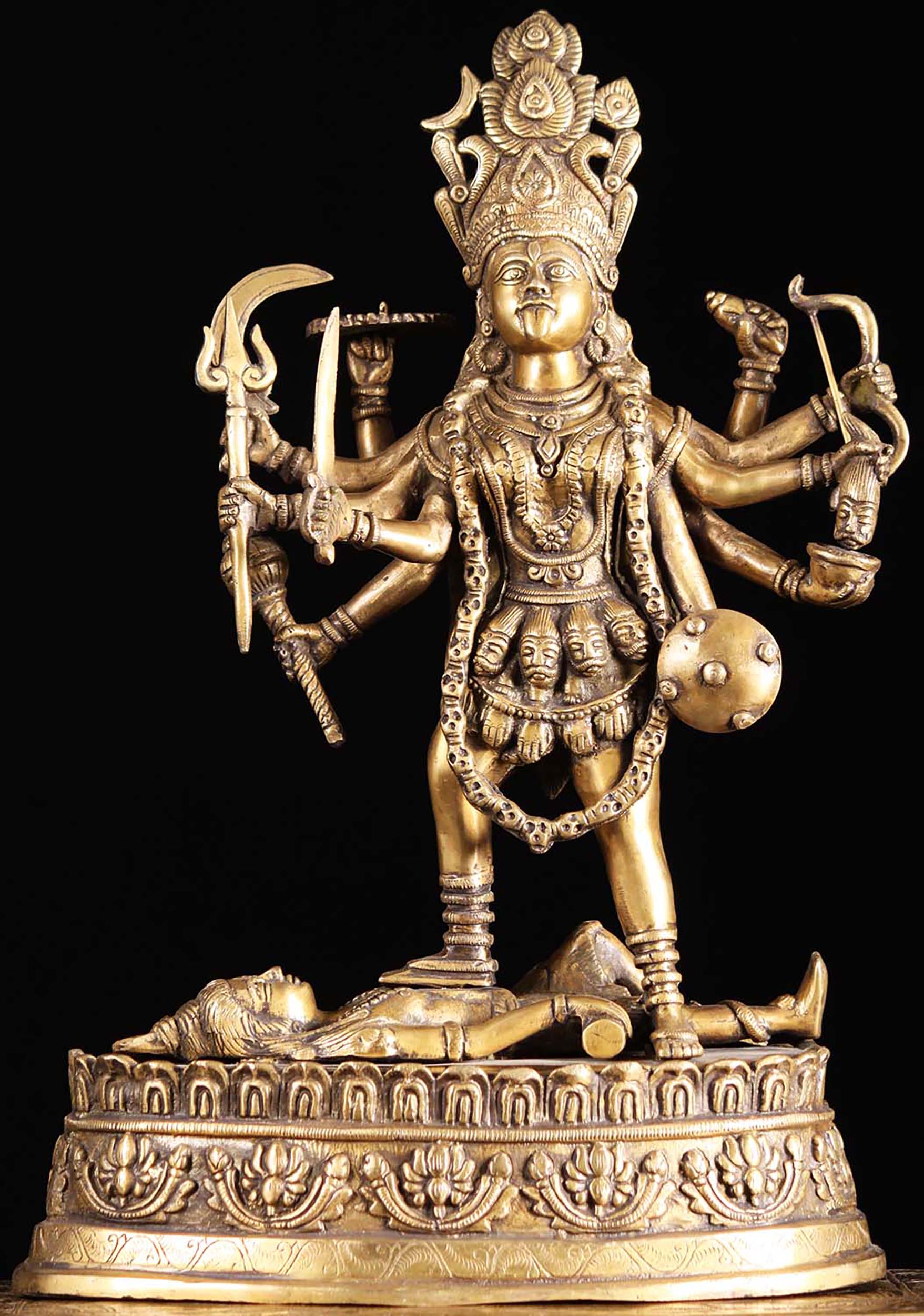 Brass 10 Armed Kali Statue Standing on Shiva 20"