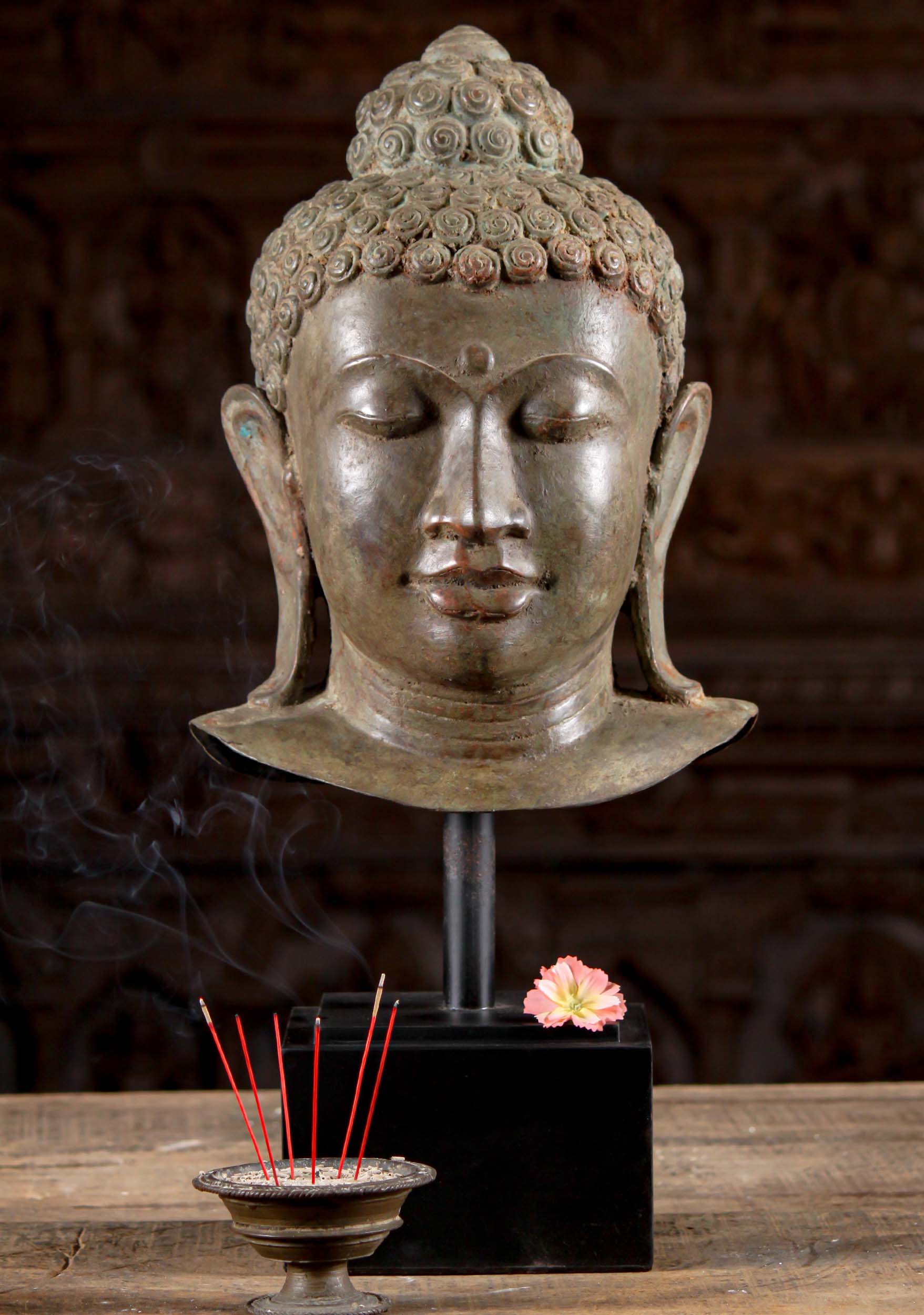Brass Life Sized Bust of Lord Buddha with 3rd Eye Cast from Brass on Wooden Stand 23"