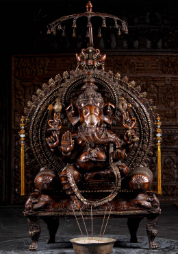 Ganesha Large Brass Statue on Raised Dias with 2 Rats, Pillows, Arch Beneath Umbrella 67" Ganesha Large Brass Statue on Raised Dias with 2 Rats, Pillows, Arch Beneath Umbrella 67"
