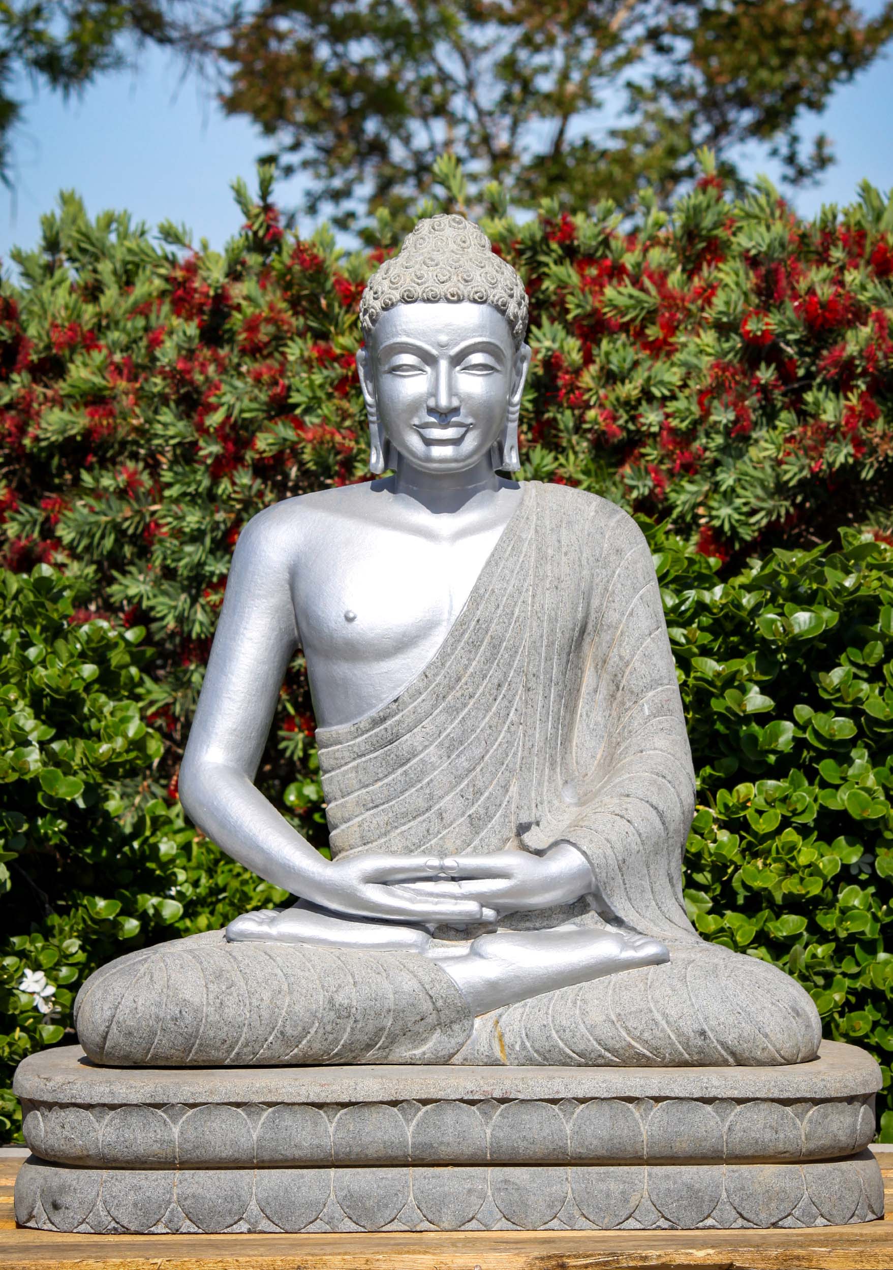 SOLD Granite Stone Silver Dhyana Mudra Meditating Buddha Sculpture on ...