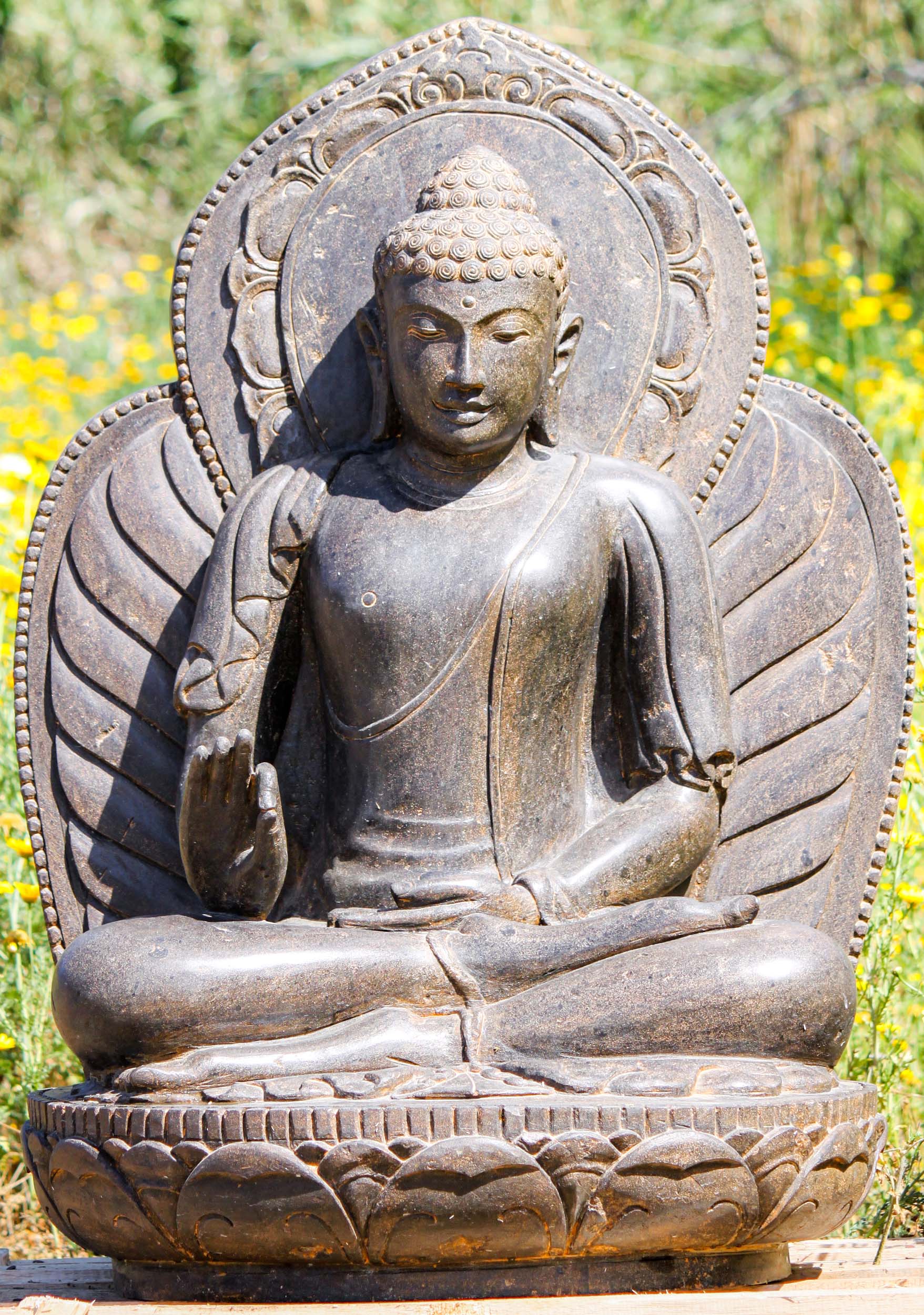 Hand Carved Stone Teaching Buddha Statue in Vitarka Mudra with Chakra or Godly Halo 40"