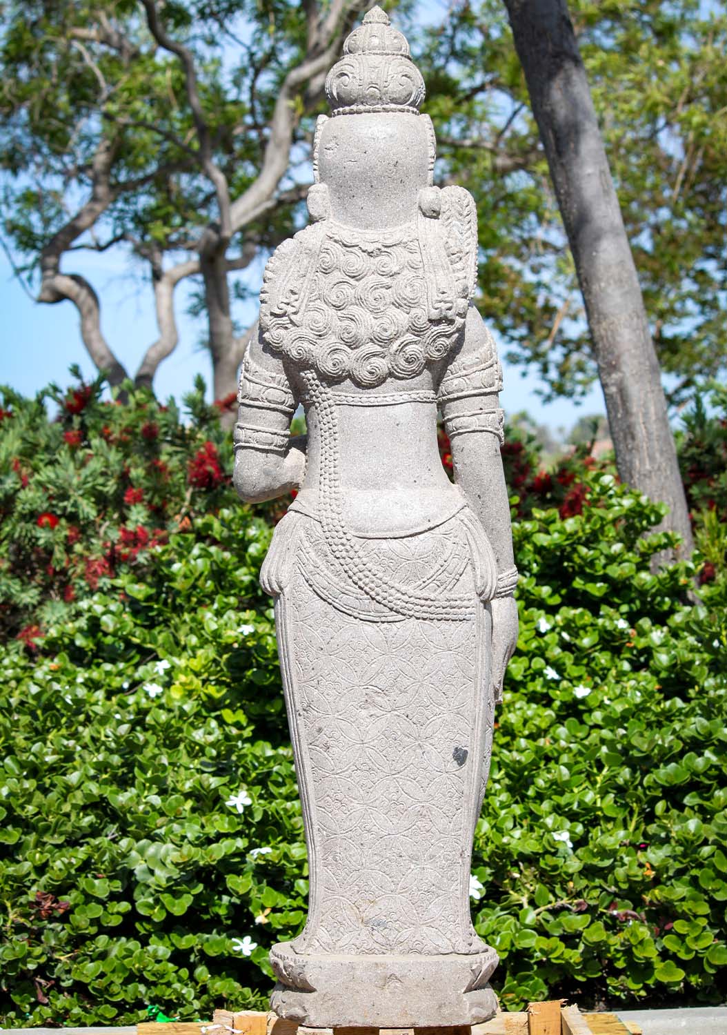 Stone Devi Tara Holding Fly Whisk Garden Statue Hand Carved from 1 Block of Stone in Java 52"