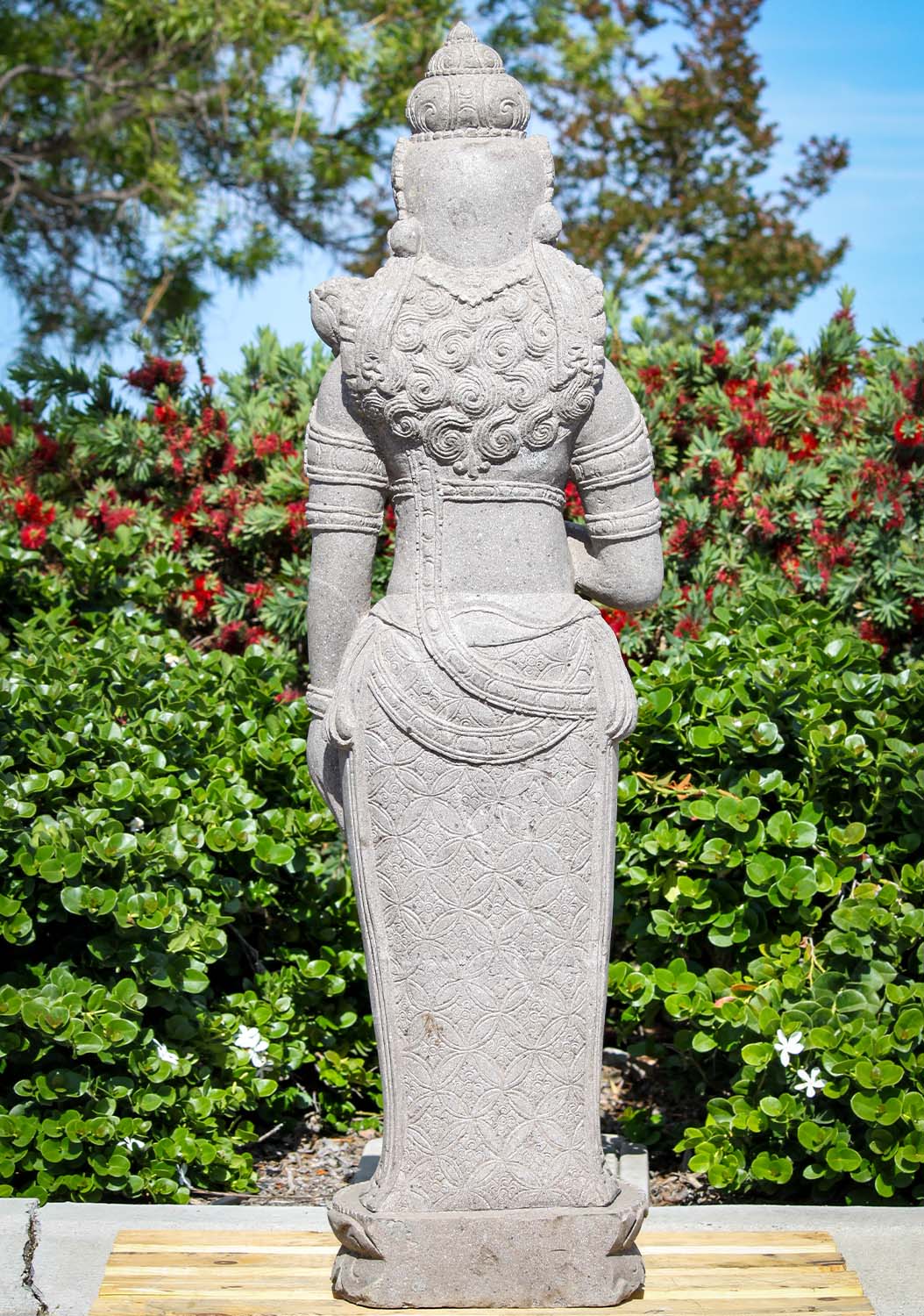 Stone Standing Devi Tara Holding Flower Statue Hand Carved from 1 Block of Lava Stone 52"