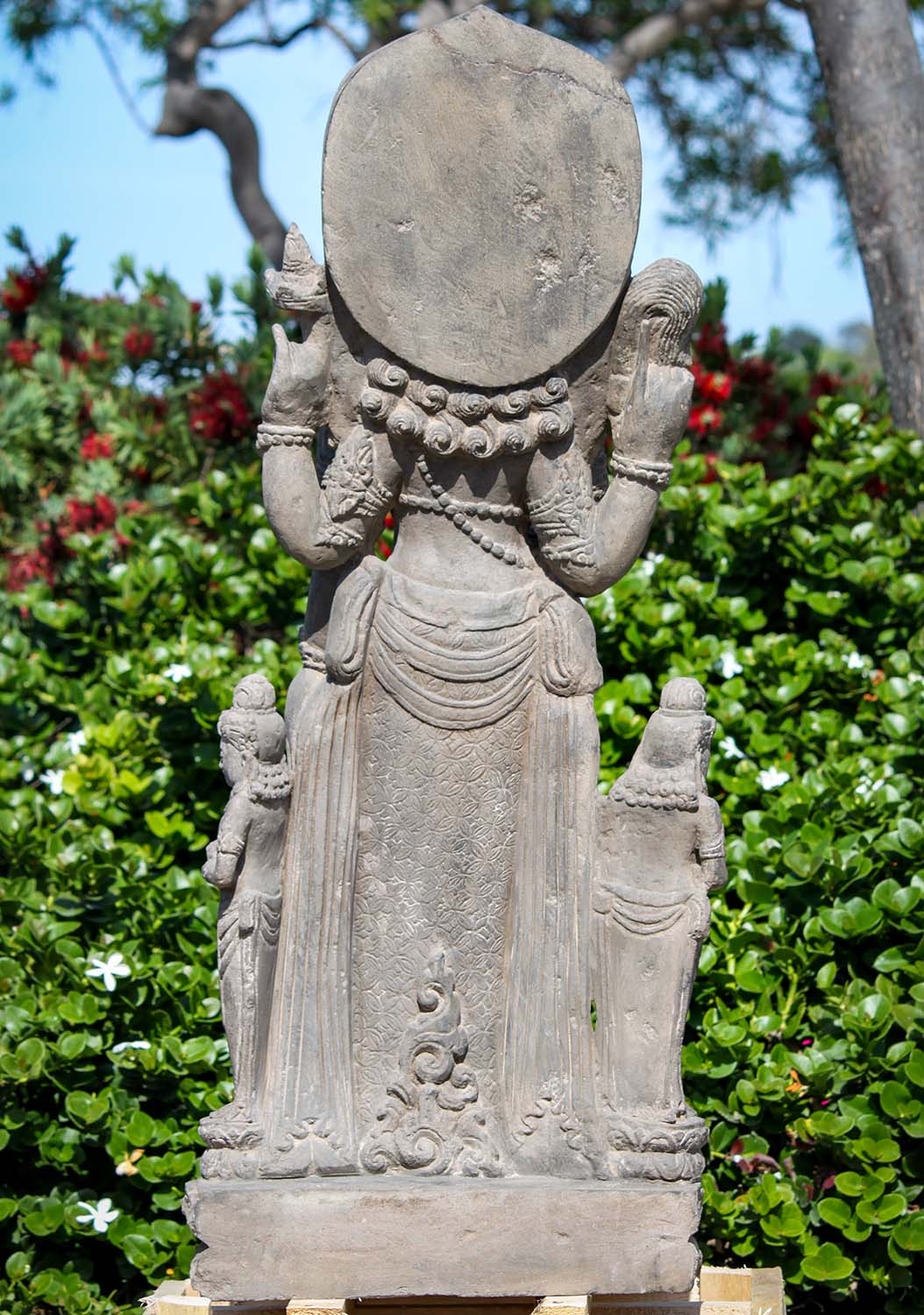 Antique Stone Vishnu with Bhodevi & Sridevi Statue Hand Carved in Indonesia 40"