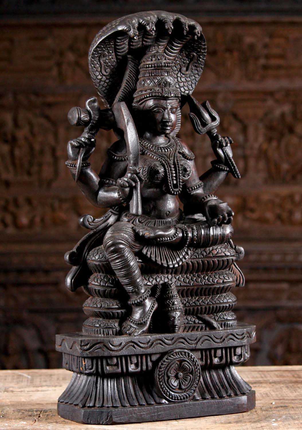Wooden Hand Carved Mother Goddess Shakti Mariamman Seated on 5 Headed Serpent Shesha 24"