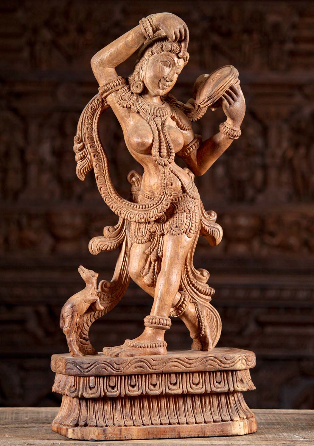 Wood Dancing Devi Statue Holding Mirror 24"