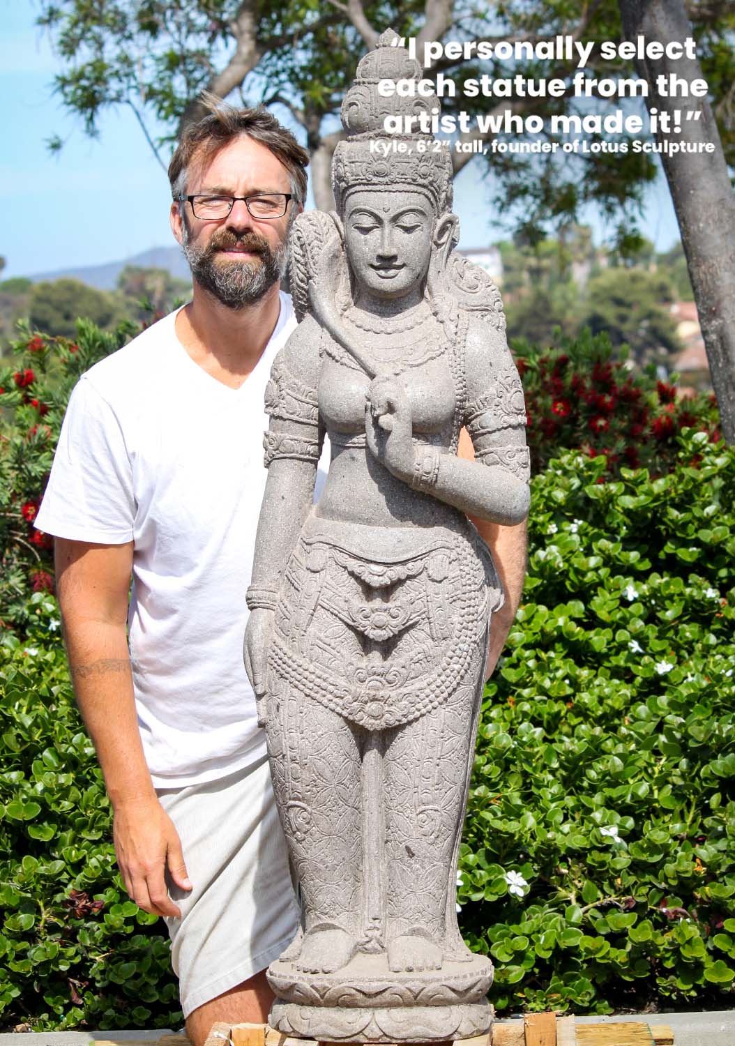 Stone Devi Tara Holding Fly Whisk Garden Statue Hand Carved from 1 Block of Stone in Java 52"