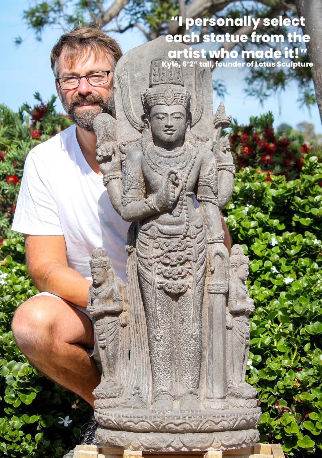 Antique Stone Vishnu with Bhodevi & Sridevi Statue Hand Carved in Indonesia 40"