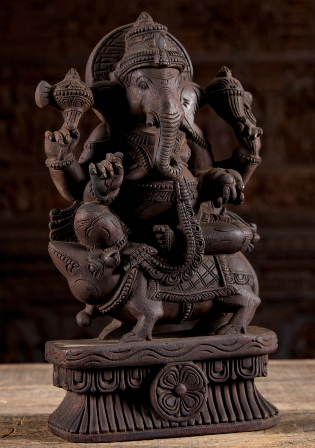 Wooden Ganesh Statue Seated on Rat 18"