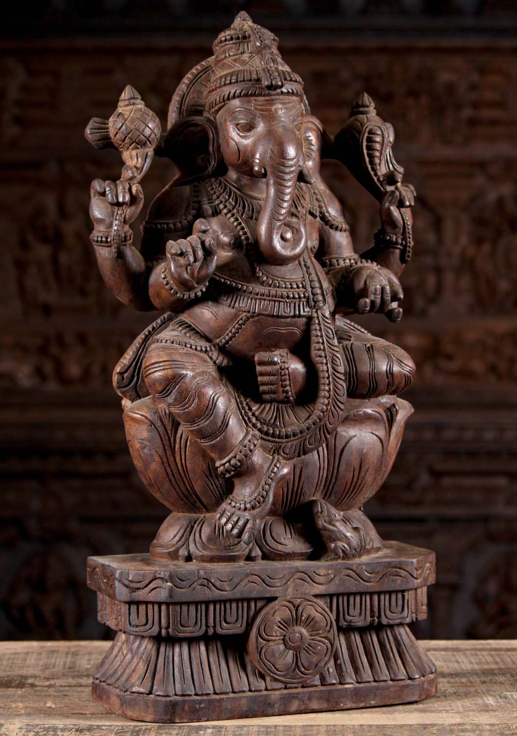 Wood Seated Ganesha Holding Mango Statue 24"